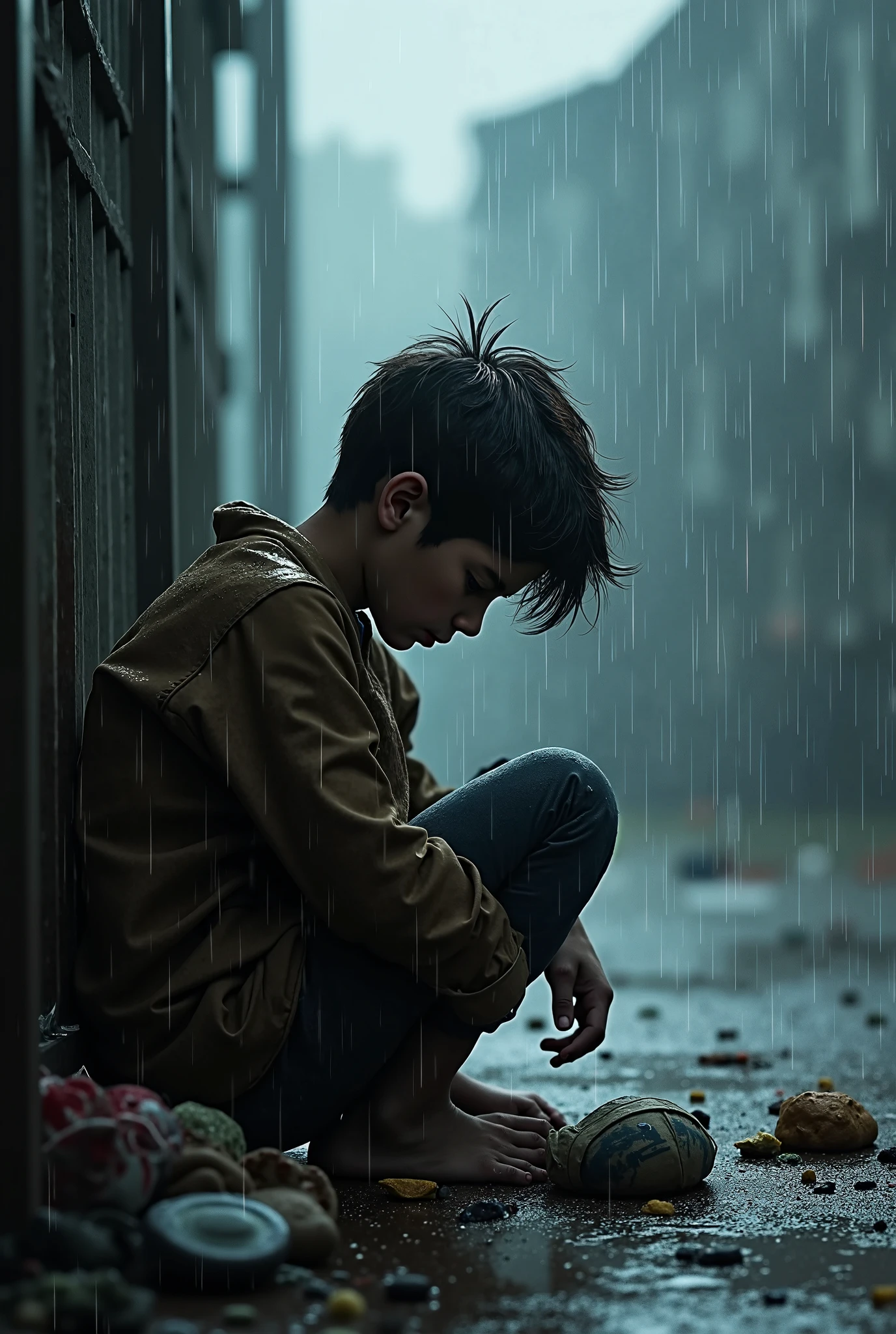 boy, Sitting in the alley, Dirty and torn clothes, Sad face, Under the Rain, At night