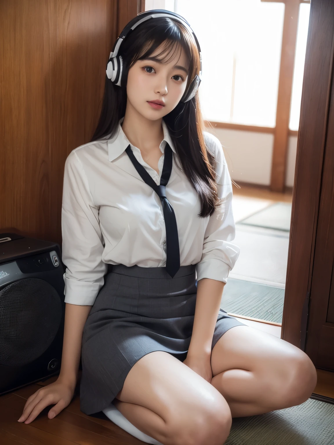 Japanese、(female)、Girl listening to music with 、 at the entrance in the morning、in a suit、(Above-the-knee skirt)、22 years old、(8k)、(((accurate depiction)))、Delicate Expression、light in eyes、Soft Textures、Delicate Details Surrounding Bento、realistic、like the picture、Professional、Extremely tight、Hi-Res、HRD、studio lighting