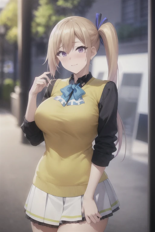 masterpiece, (best quality), 1woman,1girl ,1boy,,kawakami_mai,    blonde hair,  long hair, side ponytail,  purple eyes, sweater vest,  ,   skirt, large breasts,ribbon, hair ribbon, mole under eye,sexy woman, embarrassed,blush,    vibrant colors ,,natural lighting  ,RTX,  , beautiful, (detailed face:1.2), showcase, (perfect eyes:1.1) ,(photorealistic:1.1), 8k uhd,  looking at viewer, outdoors,  simple backround