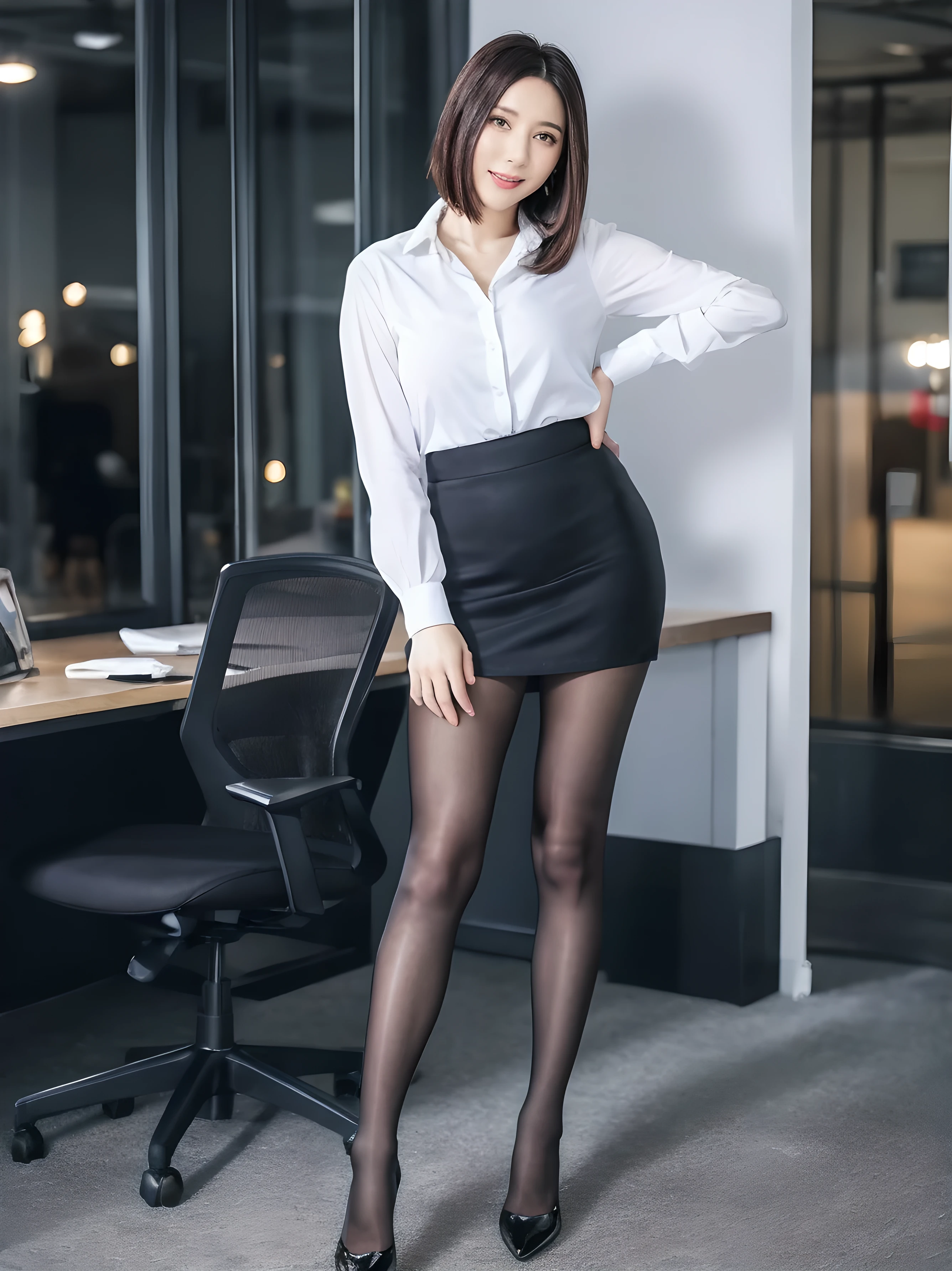 Beautiful Japanese Waifu, early 30s, brunette hair, open white shirt, black miniskirt , black stockings 
