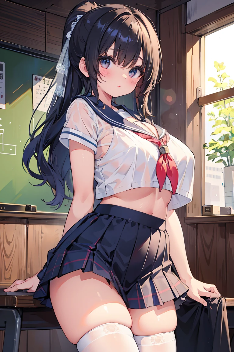 (masterpiece, best quality, ultra detailed),( 3heads:1.5),  (perfect face, detailed face), (detailed background, complex background:1.2), full-face blush, smile, looking at viewers,
megumi tokoro,  long hair, blush, lipstick, Hot girl, baddie, staring, glaring, bad attitude, very huge breasts, mean girl, dare, angry, hate, crazy, smoking, sensual, attractive, masterpiece, best quality, highly detailed, a anime girls in sailor uniforms with a gun posing for a picture, evil smile, smile, open mouth,black_serafuku, ecchi anime style, anime girls , (nsfw) not safe for work, ecchi style, ecchi, shipgirls, digital anime art!!, high school girls, holding a gun, hold a gun, anime style 8 k, micro skirt, exposed belly, exposed navel, exposed midriff, exposed lower belly,school, classroom, 