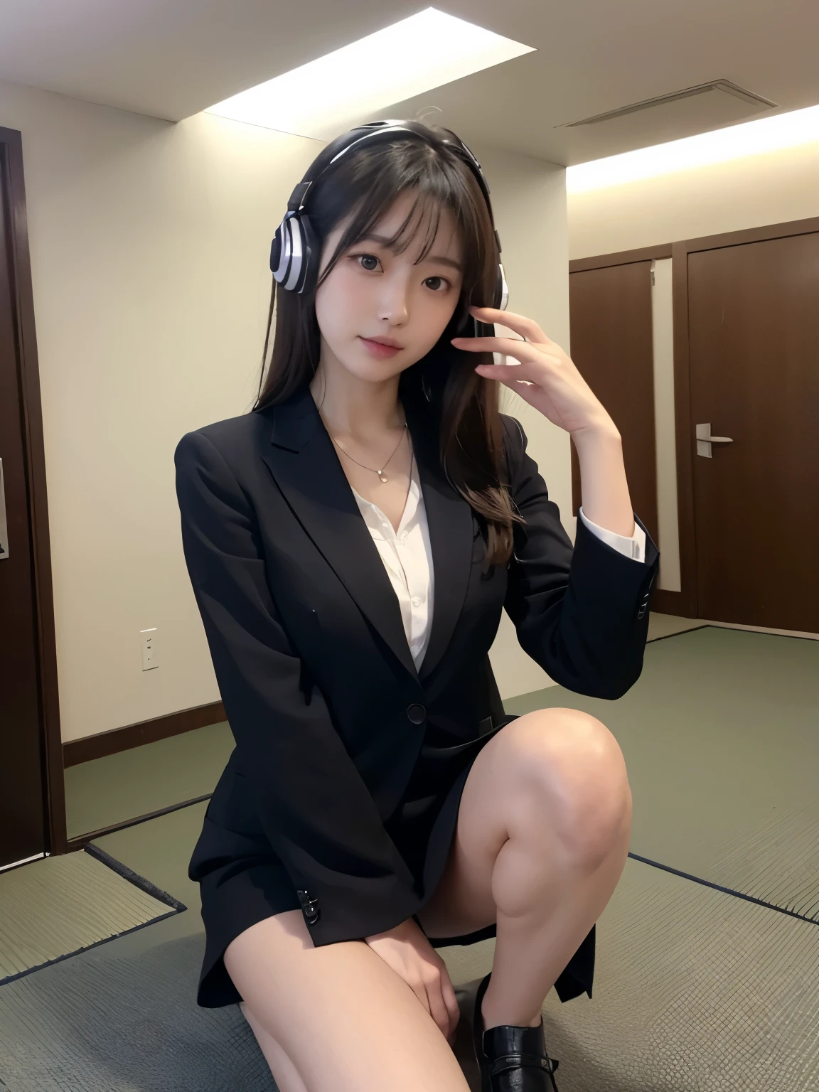 Japanese、(female)、Girl listening to music with 、 at the entrance in the morning、 business style 、in a suit、(Above-the-knee skirt)、22 years old、(8k)、(((accurate depiction)))、Delicate Expression、light in eyes、Soft Textures、Delicate Details Surrounding Bento、realistic、like the picture、Professional、Extremely tight、Hi-Res、HRD、studio lighting、Don't show your