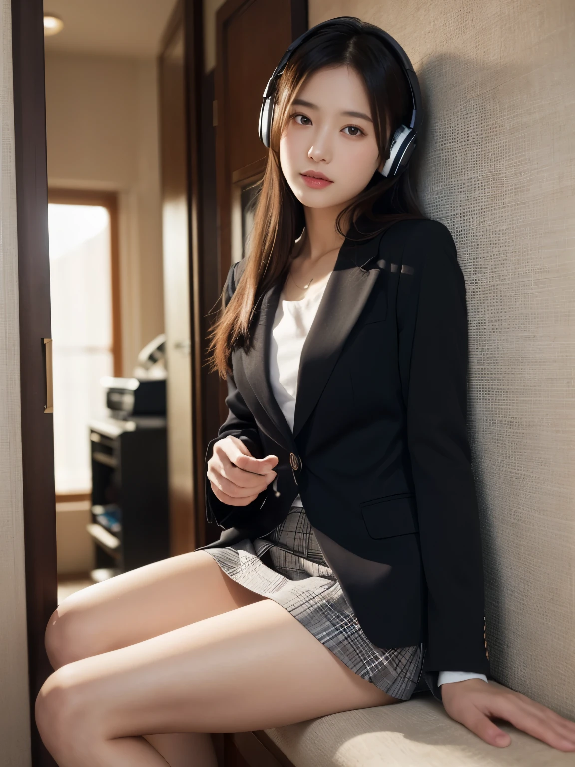 Japanese、(female)、((Girl listening to music with ))、 at the entrance in the morning、 business style 、in a suit、(Above-the-knee skirt)、22 years old、(8k)、(((accurate depiction)))、Delicate Expression、light in eyes、Soft Textures、Delicate Details Surrounding Bento、realistic、like the picture、Professional、Extremely tight、Hi-Res、HRD、studio lighting、Don't show your underwear
