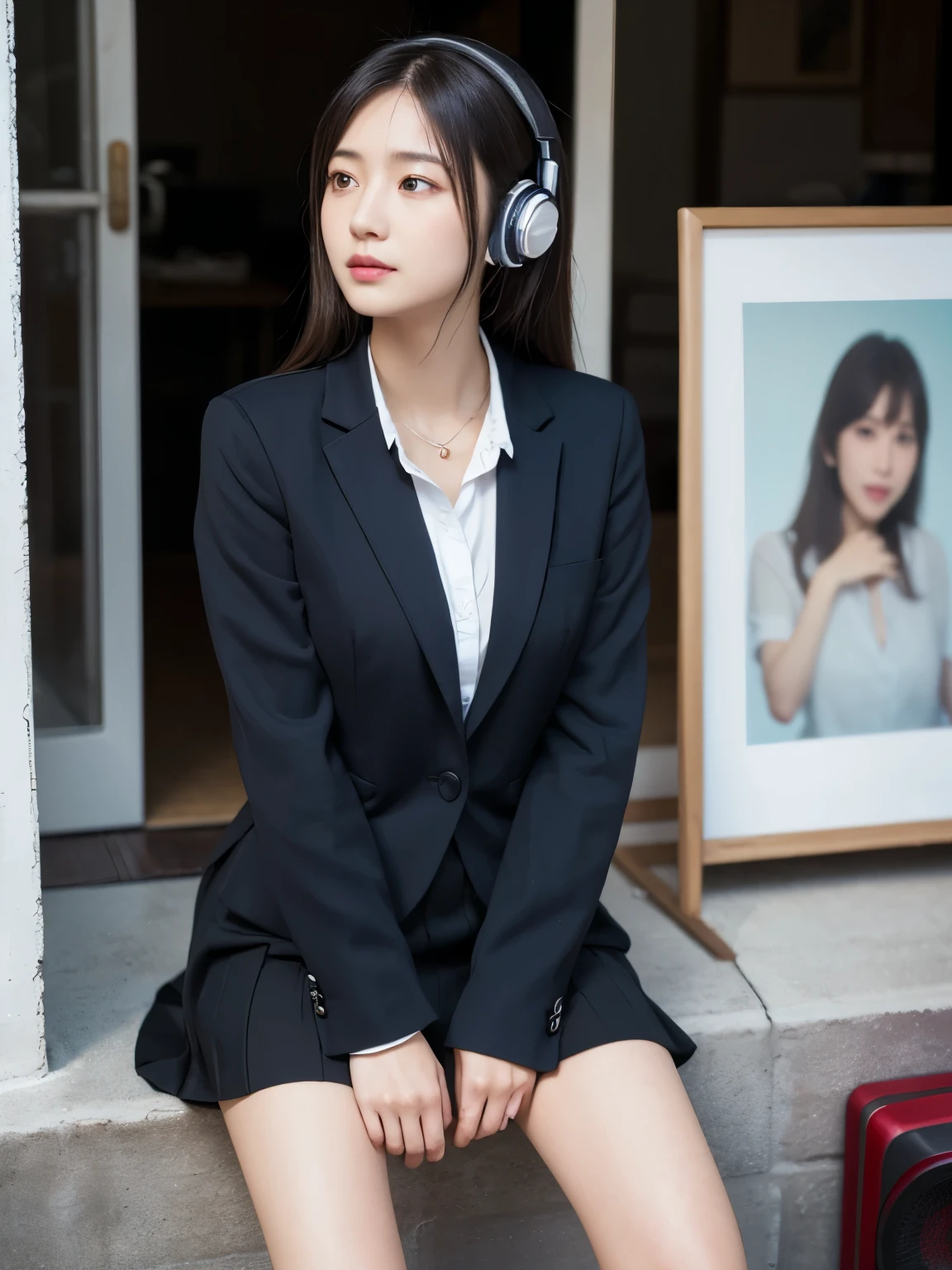 Japanese、(female)、((Girl listening to music with ))、 at the entrance in the morning、 business style 、in a suit、(Above-the-knee skirt)、22 years old、(8k)、(((accurate depiction)))、Delicate Expression、light in eyes、Soft Textures、Delicate Details Surrounding Bento、realistic、like the picture、Professional、Extremely tight、Hi-Res、HRD、studio lighting、Don't show your underwear、(no headphones )