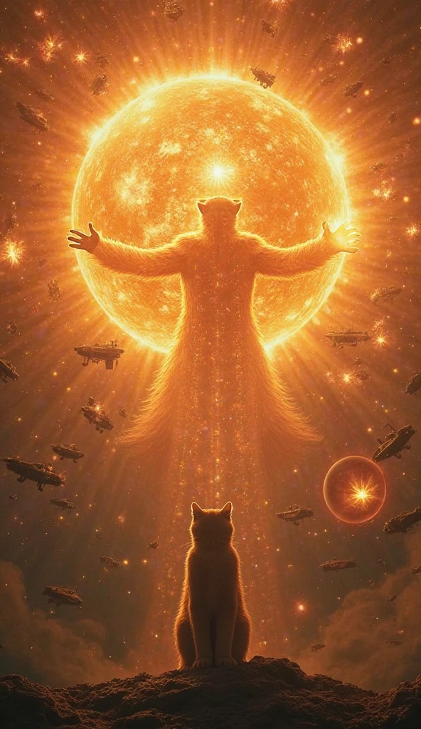 Huge Angry Cosmic Complex Colorful Celestial Cat God with 6 arms and many planets floating around sith many stars surrounding it