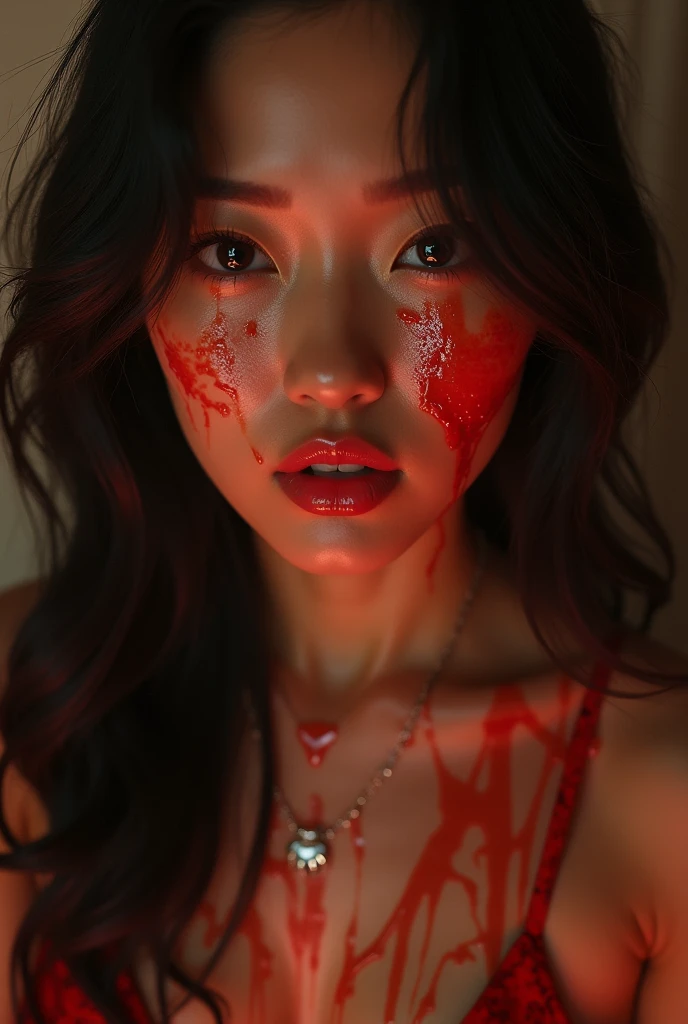 The image is a digital illustration of a woman with red lips and red splattered background.