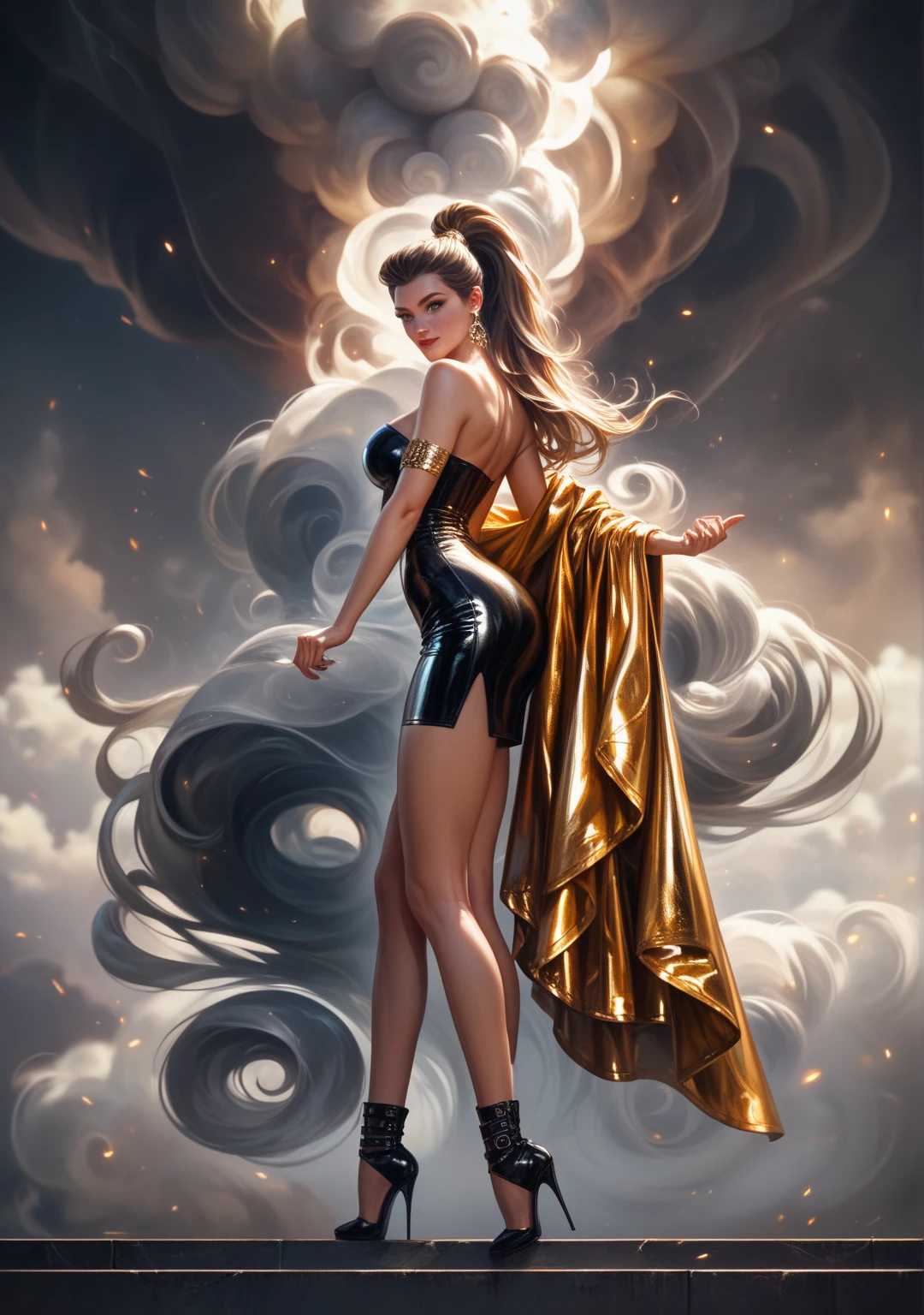 She is the epitome of elegance and style. Her graceful figure, with long, slender legs, seems to be made for the podium. Her hair, which varies from golden to copper, frames her face, highlighting her perfect features. A luxurious dress made of expensive fabric, with an exquisite neckline and draperies, gives it sophistication and charm. Each of her movements is filled with grace and confidence, like a dance of an impeccable ballerina. --auto --s2