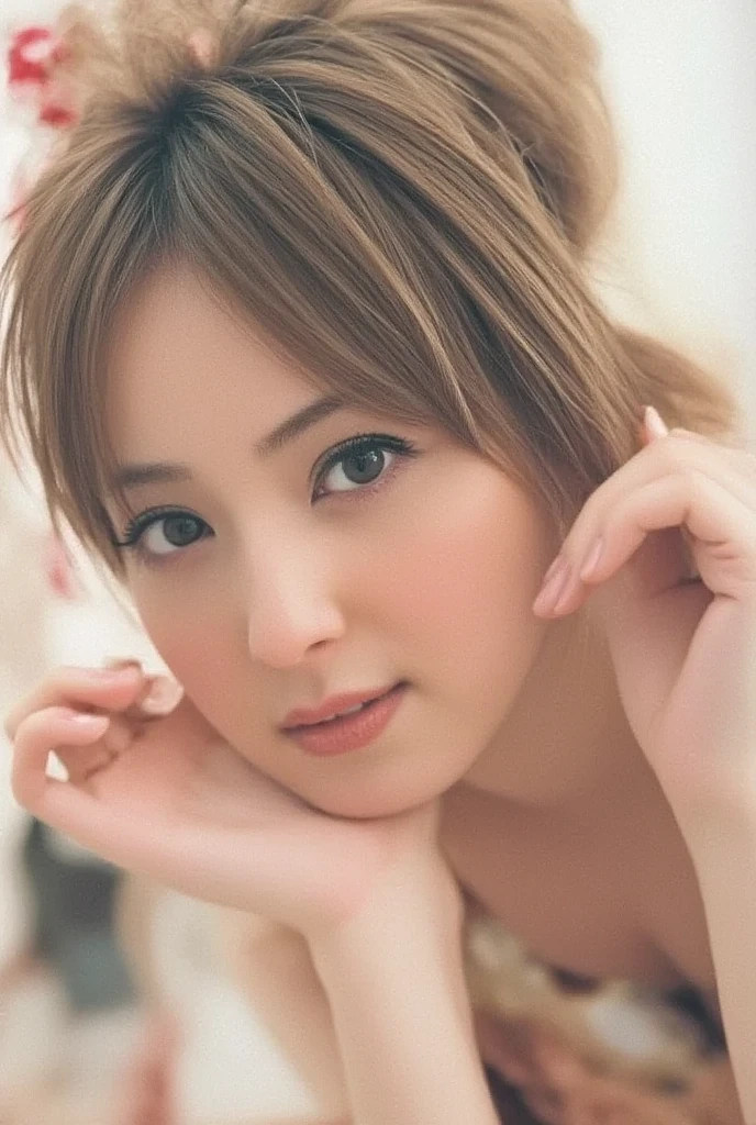 masterpiece、highest quality、High resolution、table top、wallpaper、realistic、bright lighting、professional lighting、face light、smooth lighting、japanese woman、adult、Beautiful woman、action、gravure、sexy、poor、super beautiful、beautiful skin、beautiful and detailed eyes、detailed face、slim、moderately、short hair、brunette colored hair、brown eyes、look at the camera、Let me&#39;