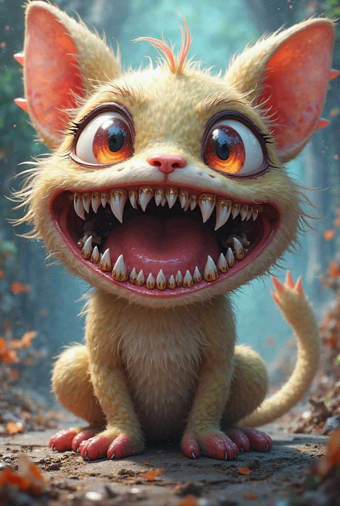 create a photo realistic character named The Moon Monkey, he is an adorable alien monkey with orange and white fur with black spots resembling moons patterns, he also has white eyes and sharp fangs dripping with blood