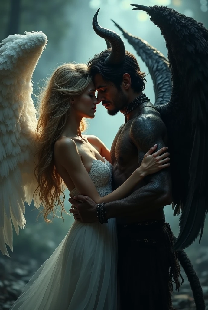 A beautiful angel with majestic white wings, of sensual and enigmatic expression. Her clothes are transparent and tight, highlighting its curves and contours. The nipples and feminine area are visible through the transparent fabric. Its white wings extend backwards, with soft and delicate feathers. The lighting is soft and ethereal, highlighting the beauty and purity of the angel. In the background, a male figure with black hair and intense eyes, dressed in a warrior's suit, He faces the angel with a defiant stance, as if they were about to start an epic battle.