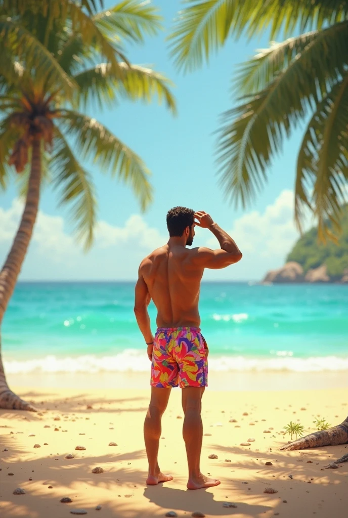 A handsome 27-year-old tall white young man in a men's fashion show on the beach shore wearing a green, yellow and blue Brazilian swimsuit with a beach ball in his hand. Many people applaud him and bubbles are around him. Tight boxer shorts in the colors of the Brazilian flag. Unshaved, white, tall with black hair.