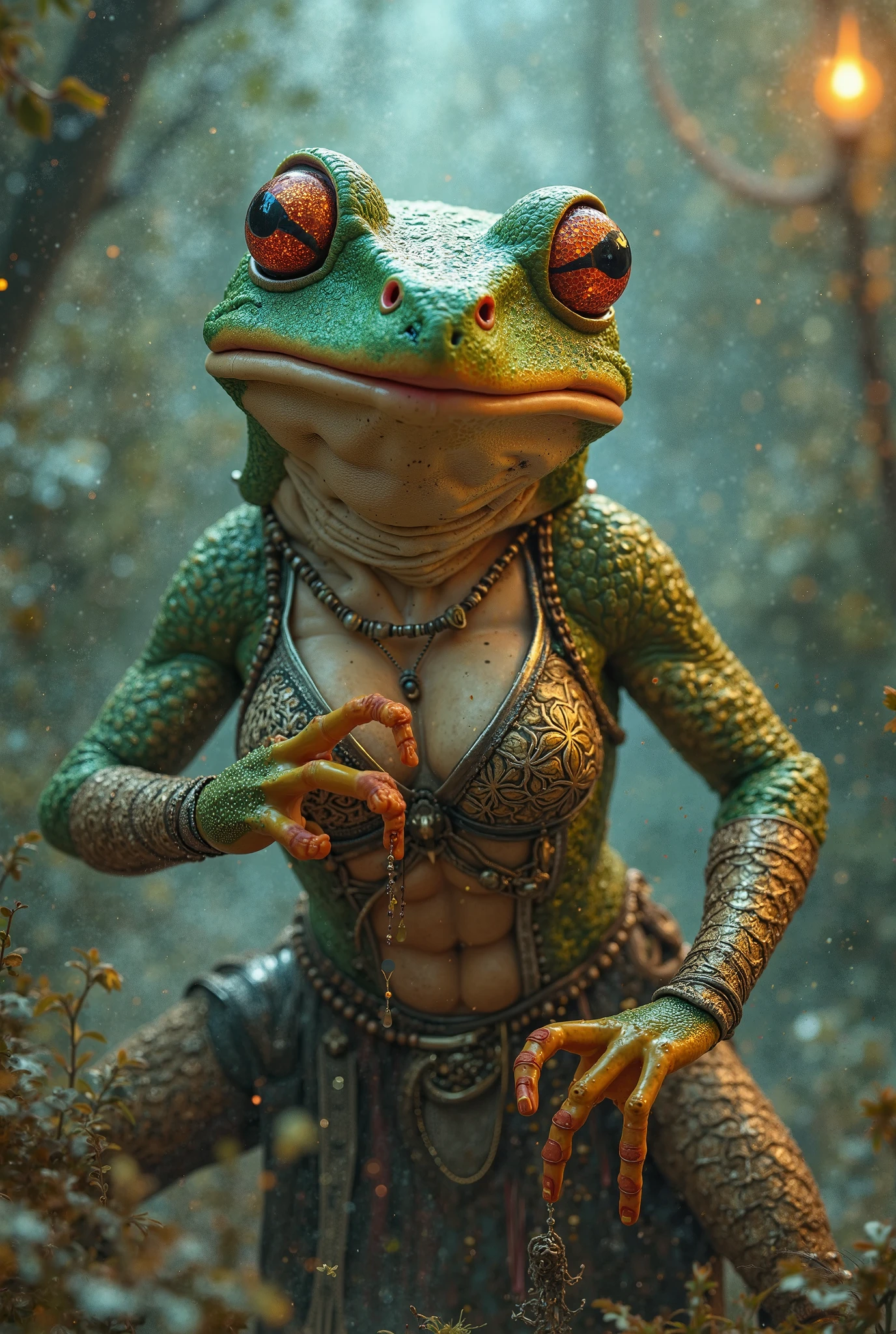 (highest quality、4k、8k、High resolution、masterpiece: 1.2)、Super detailed、(Real、Photorealistic、Photorealistic: 1.37)、Full Body Portrait、media: Fantasy、Horror、ダーク Fantasy、Creatures、ハイブリッド Creatures、(Anatomically correct fingers: 1.4 )、The upper body of a transcendentally beautiful young woman((A hybrid creature with the lower body of a frog: 1.5))、(Squats with legs open:1.5)、Visualization of mythical creatures、yukata、Dark atmosphere、Dim color、Spooky lighting