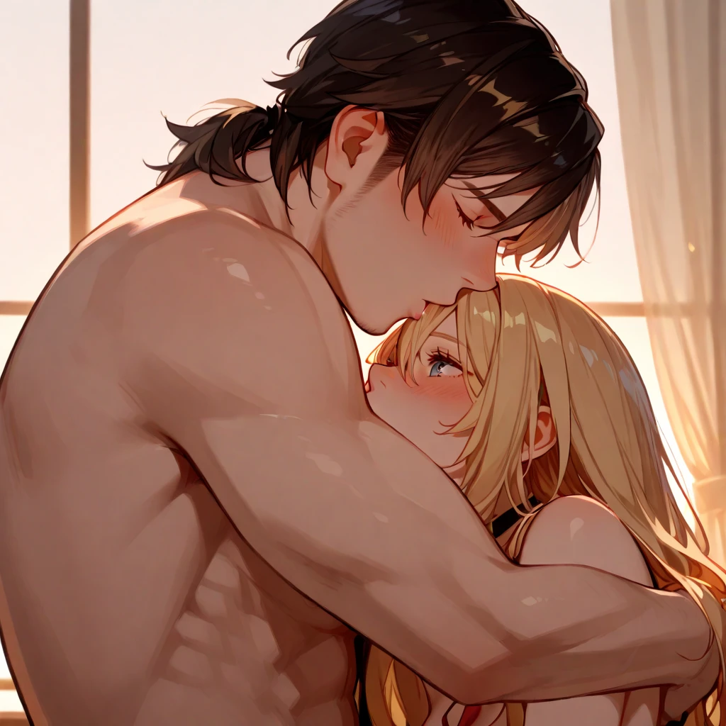((Highest quality)), ((masterpiece)), (detailed), (Perfect Face)、The woman is Princess Leona, naked with long light brown hair.、On a luxurious bed, the woman snuggles up to the naked, dark-skinned black man with a relieved look on her face, and the man and woman embrace and kiss, with a large amount of semen overflowing from her pussy.、The woman has long hair, dark nipples, milk is spurting from her dark nipples, and she is pregnant.