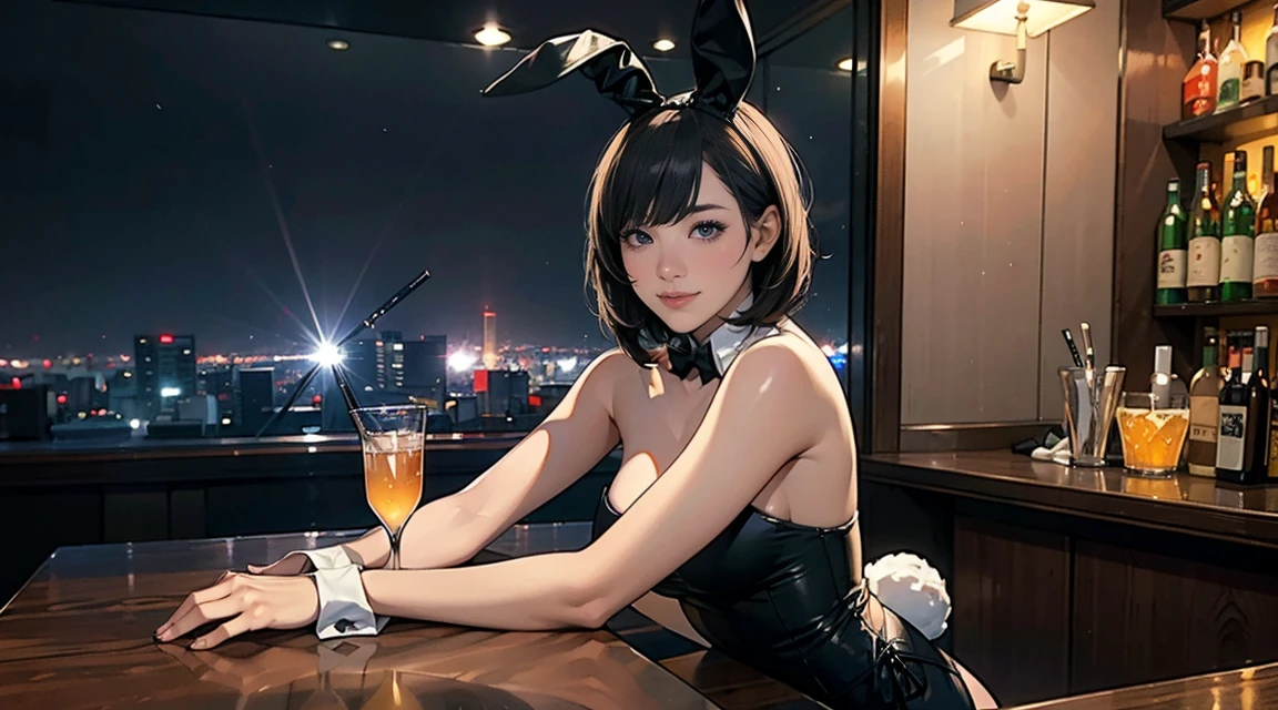 (playboy bunny),((1girl,cute,japanese,young,short beautiful black hair,bob cut,blunt bangs,beautiful blue eyes)),(solo),((masterpiece, highest resolution,best quality)), (beautiful illustration),(playboy bunny),
(looking at the viewer), innocent smile,cinematic lighting,beautiful modern cafe,big city,table,chair,window,flowers,buildings,blue sky