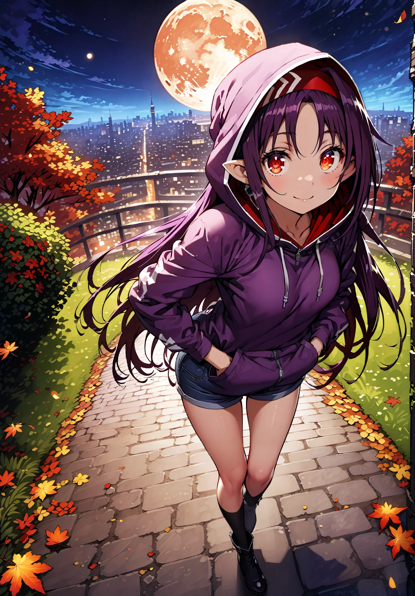 yuukiKonno, Konno Yuuki, pointed ears, purple hair, red eyes,long hair,smile,cover,Close Mouth,Purple oversized hoodie ,Denim Micro Shorts,Bare legs,boots, hood up ,autumn,autumn leaves,night, full moon,is standing,put one's hands in one's hoodie pockets,綺麗なnight景,Beautiful cityscape,full bodyがillustrationsに入るように,break outdoors, garden,
break looking at viewer,full body,
break (masterpiece:1.2), best quality, high resolution, Unity 8k Wallpaper, (illustrations:0.8), (beautiful detailed eyes:1.6), very detailed face, so that it fits into the illustration, extremely detailed CG, (curved body, perfect anatomy from a shellfish),