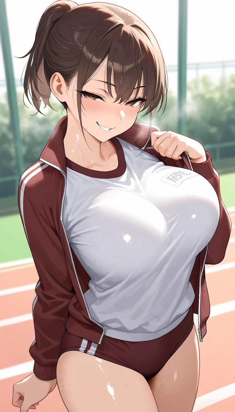 ponytail, round breasts, cleavage, open track jacket, sweatpants, (pov, close shot), smiling,