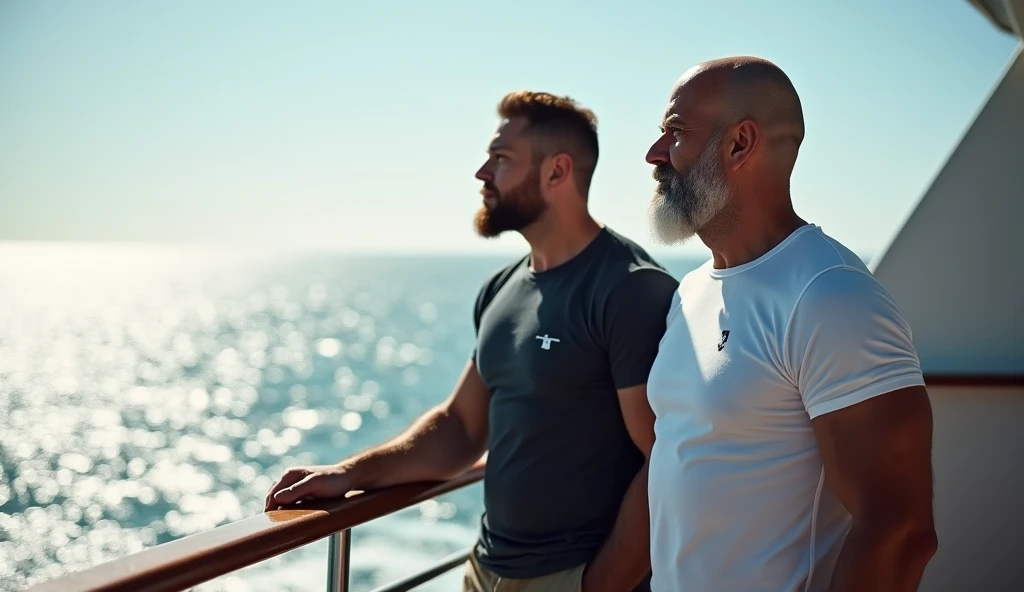 ather is 55 years old,, The age of the son is 22 years. , Seals, Officers and blondes , tall and muscular , with hairy bellies and swimming trunks with a large bulge , in the ship's cabin
