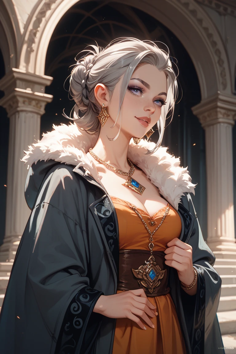 kmzW3 girl, yellow eyes, white hair, dress, upper body, outdoors, looking at viewer, slight smile, crossed arms, bead necklace, mature, best quality, <lora:keirametz:0.9>
