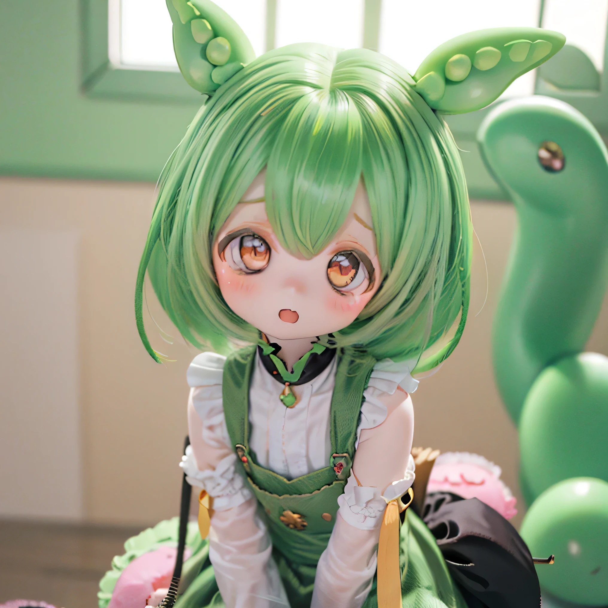 cute green-haired zundamon in playful pose, ( chibi), (((((( Mother )))))), Detailed character designs , Intricate Details , surreal , Photorealistic Frontal Faces , 8k, masterpiece , is high resolution, bright color, soft writing , natural light, 、 warm palette , wonderful , magic, fantasy , cute , cuteデザイン , , Heartwarming、Dumb on the Head