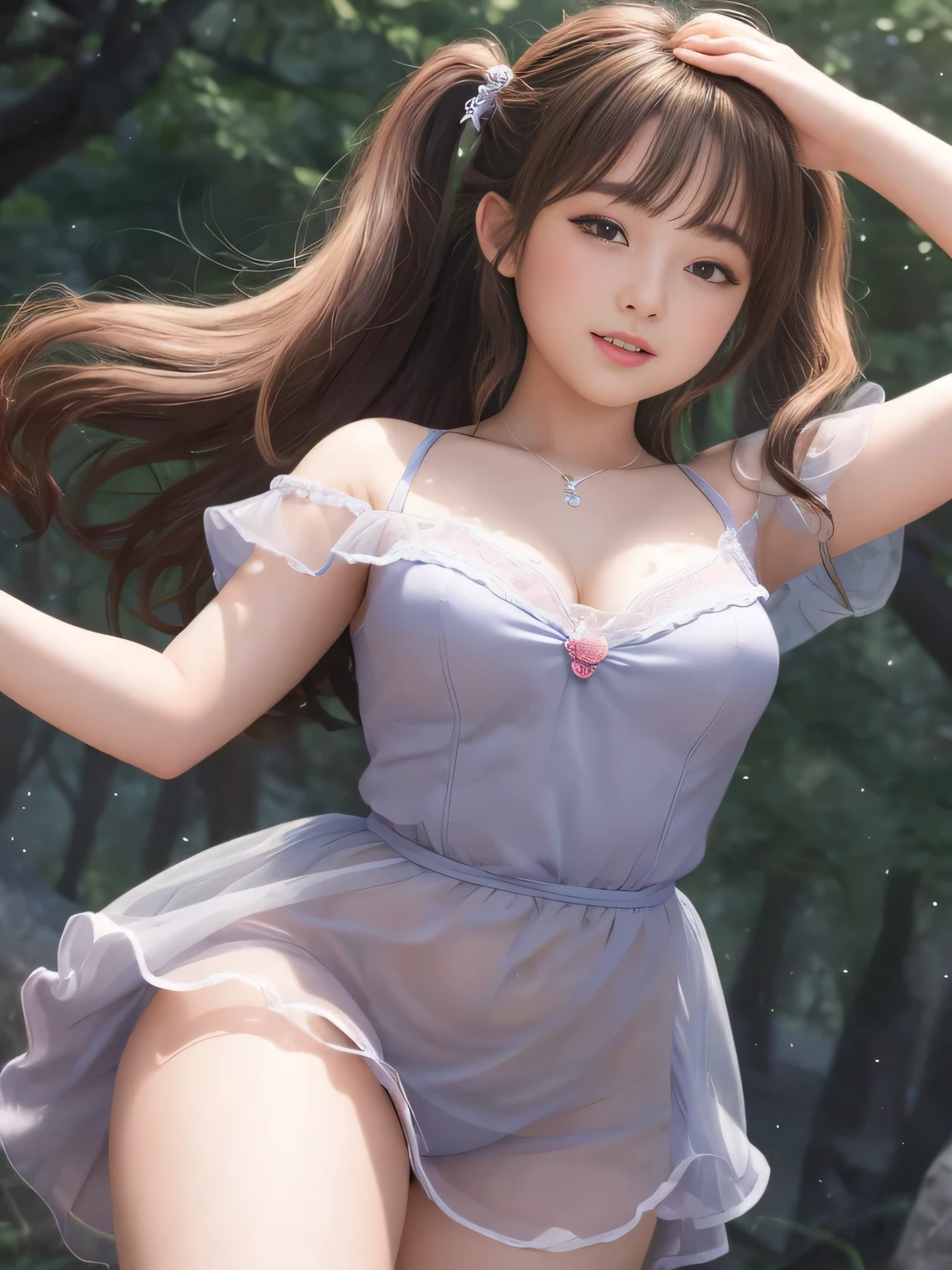 (best quality)、masterpiece、hyperrealism、has amazing highlights、(Princess)、sexy woman、glossy brown hair 、twin tails、circlet、cute、lips、Laughter 、Micro Sheer Dress、perfect body、 hand bra、 chubby glowing thighs、curve beauty、Absolute airspace 、(little character)、 acrobatic angles that bounce with intense movement、 amazing beauty、cloak、Super Mario、magic wand on the hill、 ice spell 、