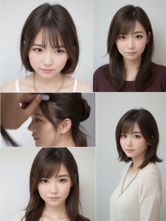 (High reality photograph, high resolusion), Skinny Japanese lady, 30 years old, cute face, detailed face, detailed eyes, various hair style, skinny figure, correct body anatomy, ((looking straight ahead)), facing the camera directly, single photo, a photo captured the best moment expressing the beauty and brains, ((with simple background))