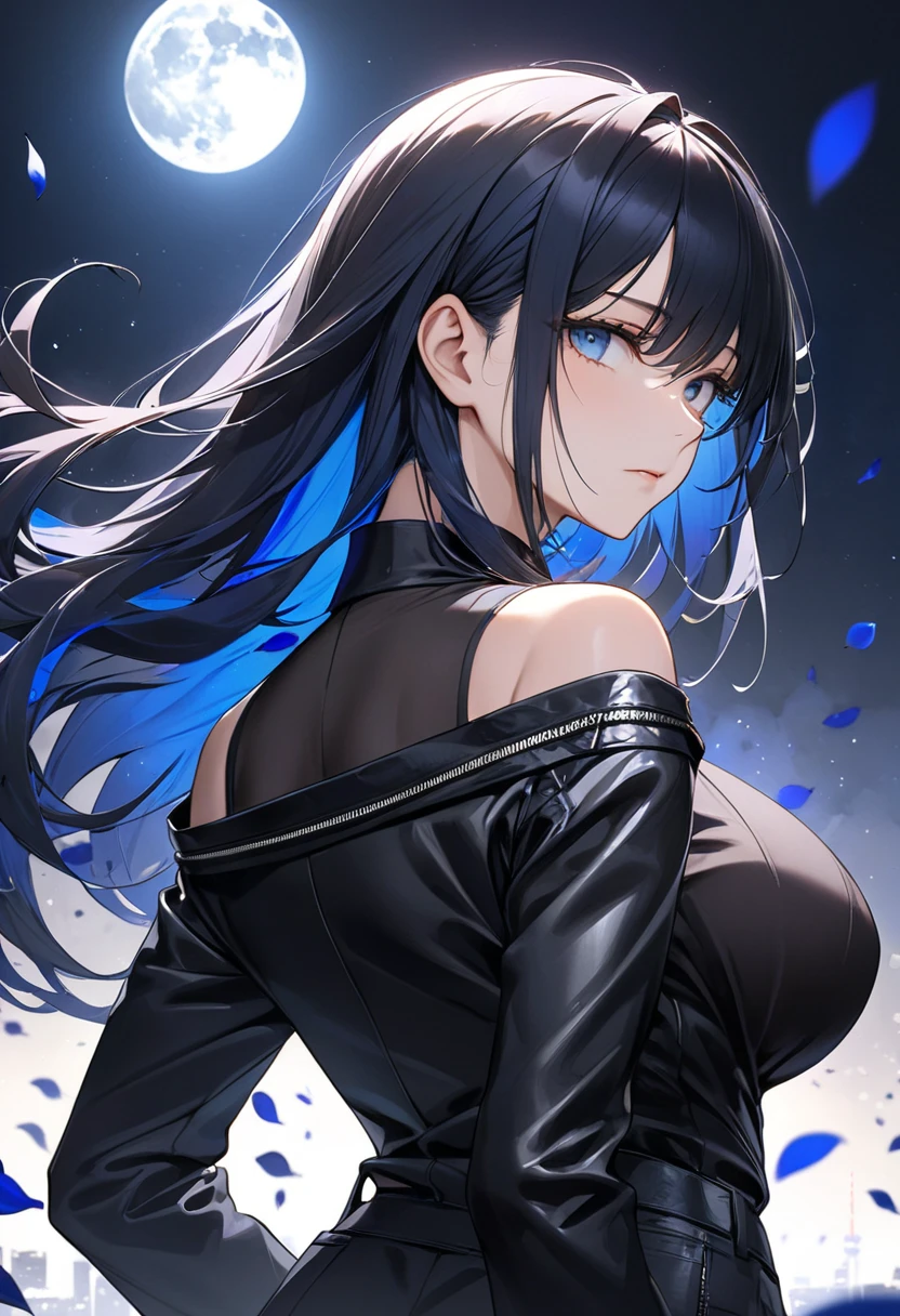 pixiv, 1girl, bangs, dark purple hair half blue, deep and detailed blue eyes, melancholic expression, black leather clothing, serious expression, eyelashes, modern, long hair, slightly wavy hair, neckline, collarbone, black open jacket, lock, medium breasts, shiny skin, badass, seductive, lock, red lips, looking at viewer, closed mouth, cinematic lighting, pale skin, dark background, wavy hair, {beautiful detailed eyes:1.5}, detailed black clothing, cinematic light, shaded face:1.5, dynamic angle:1.5, extremely detailed, volumetric lighting, delicate girl, cleavege, mature female, {masterpiece:1.5), {ultradetailed:1.5) film camera, chromatic aberration:1.5) (HDR:1.9), (CG:1.5), (specular lighting:1.1) Very dark and detailed background:1.21) expressionless, dark atmosphere, long wavy hair, loose hair, hair ornament, dynamic angle, dynamic pose, dramatic shadow, cinematic shadow, hard shadows:1.21), {traditional media:1.5), expressionless, mature female, mysterious look, sharp eyes, modern landscape, modern, focus on torso, focus on face, dynamic pose, pants