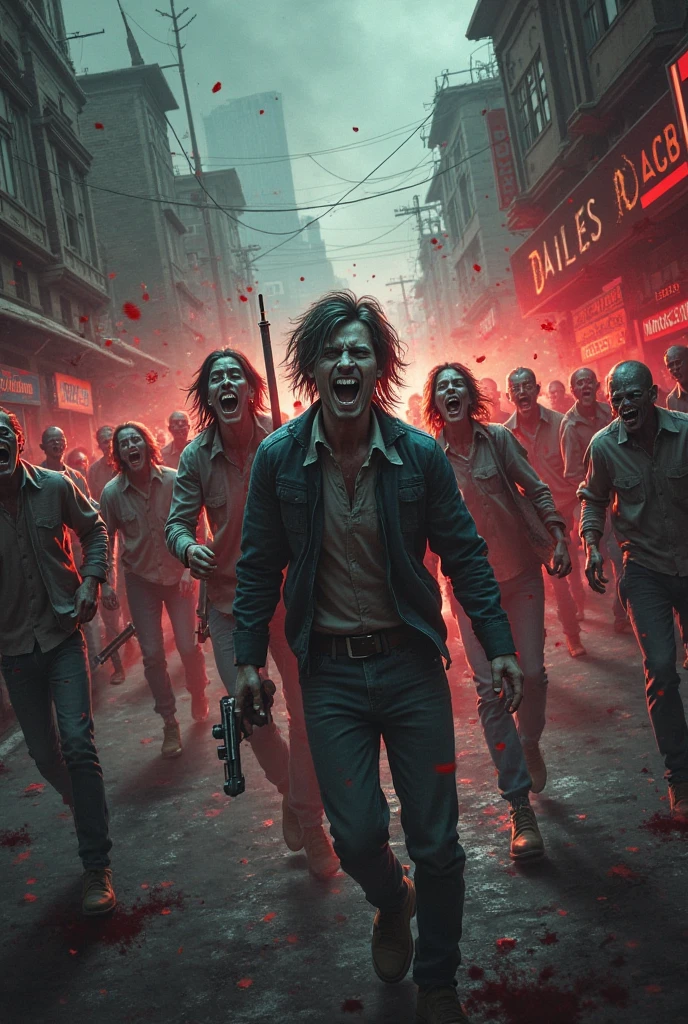 At night, on the street, red moon, there are many zombies fighting, many people are fleeing, far view, about to become zombies, no blood, not scary, super high detail, high real, 4K, chiaroscuro, super high detail