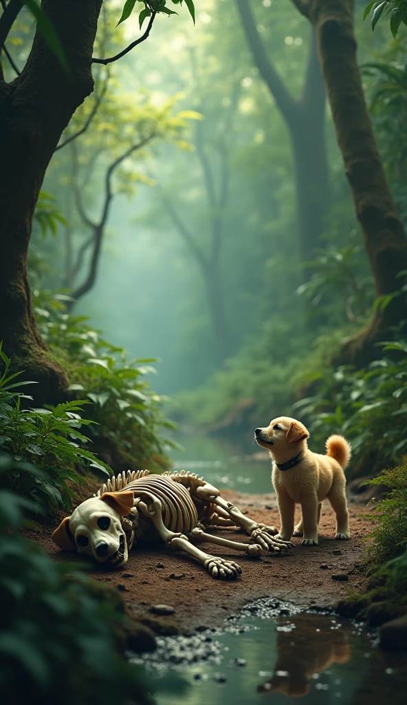 a skeleton playing with a dog in the jungle