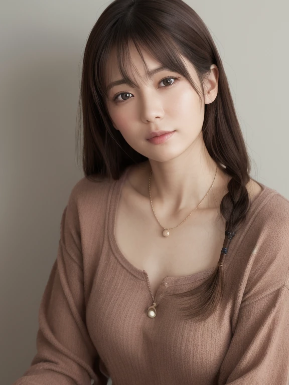 (Highly realistic photos, High resolution, detailed face, fine eyes), ((Photographed in front of a white wall))、japanese woman, 40 years old, Various expressions, alone:1, slim body shape, various hairstyles, casual clothes, Alone in the photo、Long sleeve dress、Photographed in natural light、Simple Necklace、Spring Clothes、Don&#39;t look at the camera、profile、Dark Brown Hair Color