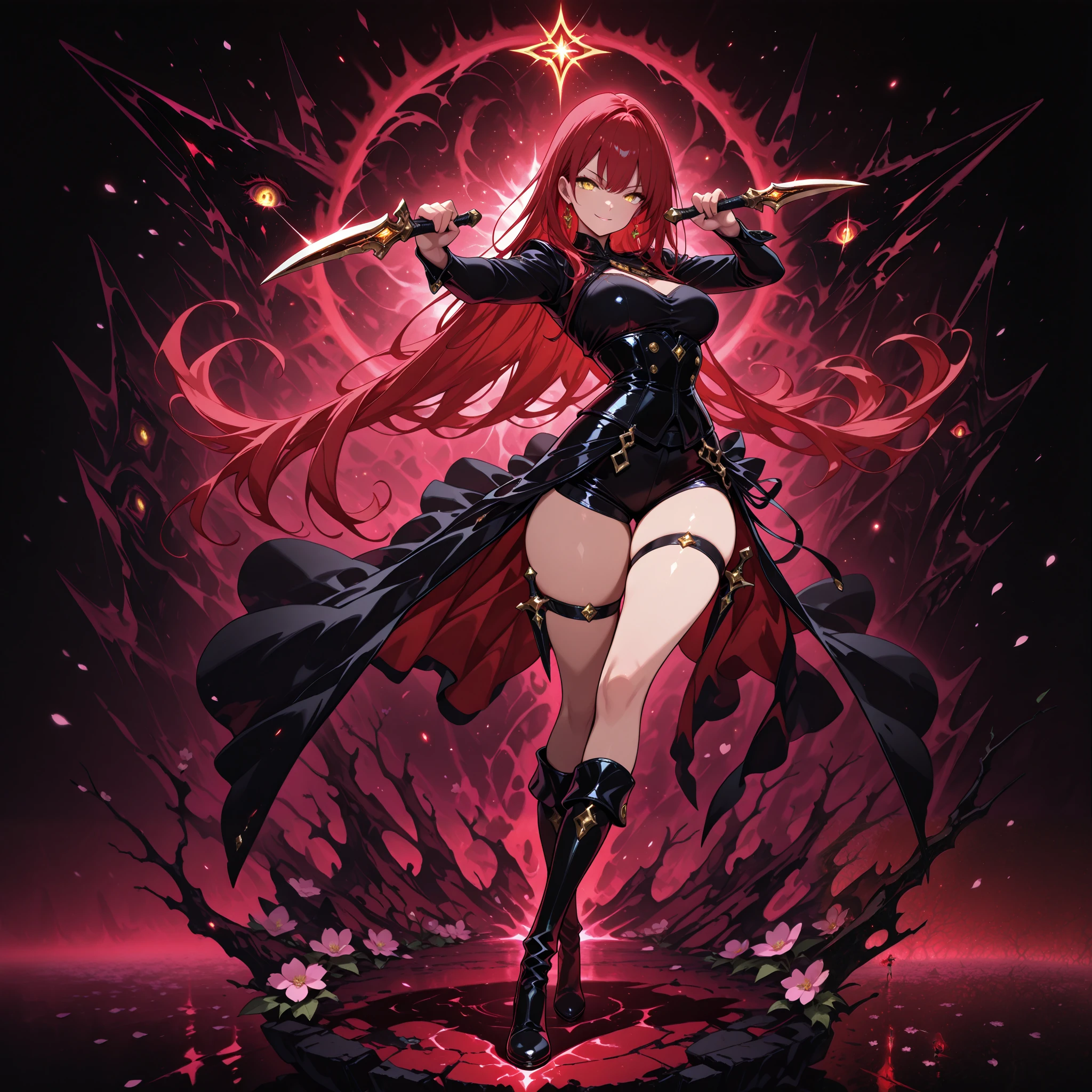(masterpiece, best quality), amazing quality, very aesthetic, absurdres, newest, HDR, 8K, high detail RAW color art,  splash art, 1girl, golden eyes, red hair, very long hair, medium breasts, curvy, beautiful, cool, sexy,  long sleeves, black corset, black leather shorts, boots, solo, smirk, dynamic pose, dramatic wielding dagger pose, badass pose, holding  two great black Serrated dagger, cool posing, surreal, white background,  shadow creature, magical, fantasy, magic, glittering, glow, chromatic aberration, glowing particles, solo, perfect anatomy, flower tendrils, cherry blossoms, alone