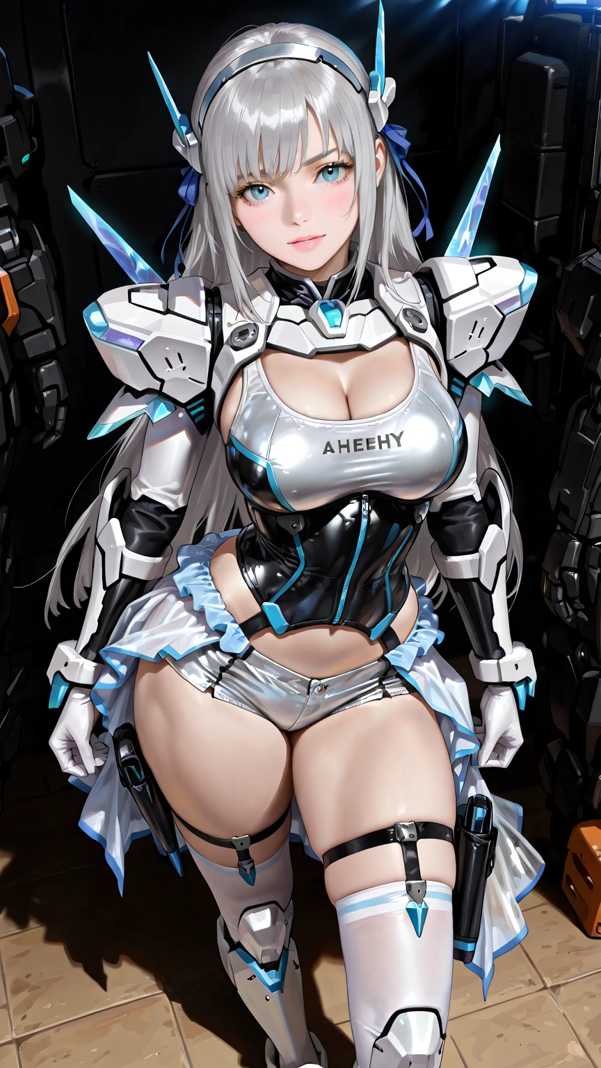 (Sit on one knee on the machine:1.6)、(Full body description:1.3)、((Shining lenses on both breasts:1.3))、((Blue pillars of light are emanating from both chests.:1.3))、smile、((8K)), ((32k)), ((Highest quality)), ((masterpiece)), ((超A high resolution)), ((Tmasterpiece)), ((Halation:1.4))、((Mechaニカルheadgear:1.2))、((Cyber Headphones:1.3))、Fine skin, High quality fabric, Fine metal texture、((Beautiful and dense face))、RAW Photos、Professional, Ultra-fine painting, ((alone)), Beautiful breasts、Highest quality, Very detailed, Very detailed詳細, Finer details, so beautiful, ((Princess Knight Robot:1.2)), (Joints of machines, Mechanical Limbs:1.3), (The internal structure of the machine is exposed:1.3), (Long silver hair:1.1), (Beautiful and huge mechanical breasts)、White Veil, cowboy_shot, Side Focus, headgear, Shiny、(Five Fingers, Four fingers and thumb),Concept Art, Anime fantasy artwork, Detailed fantasy art, (with pale blue-violet hair and large white wings,,,,,,,), (((Long silver hair))), (Mecha:1.6)、Sleek and intimidating design, ((Commander-in-Chief'arm)), (Perfect robot body)、純白と青紫armまたは, Symmetrical wings, 8K high quality, detailed art, 3D rendering of character art in 8K, neat legs, Defined, Defined fingers,
