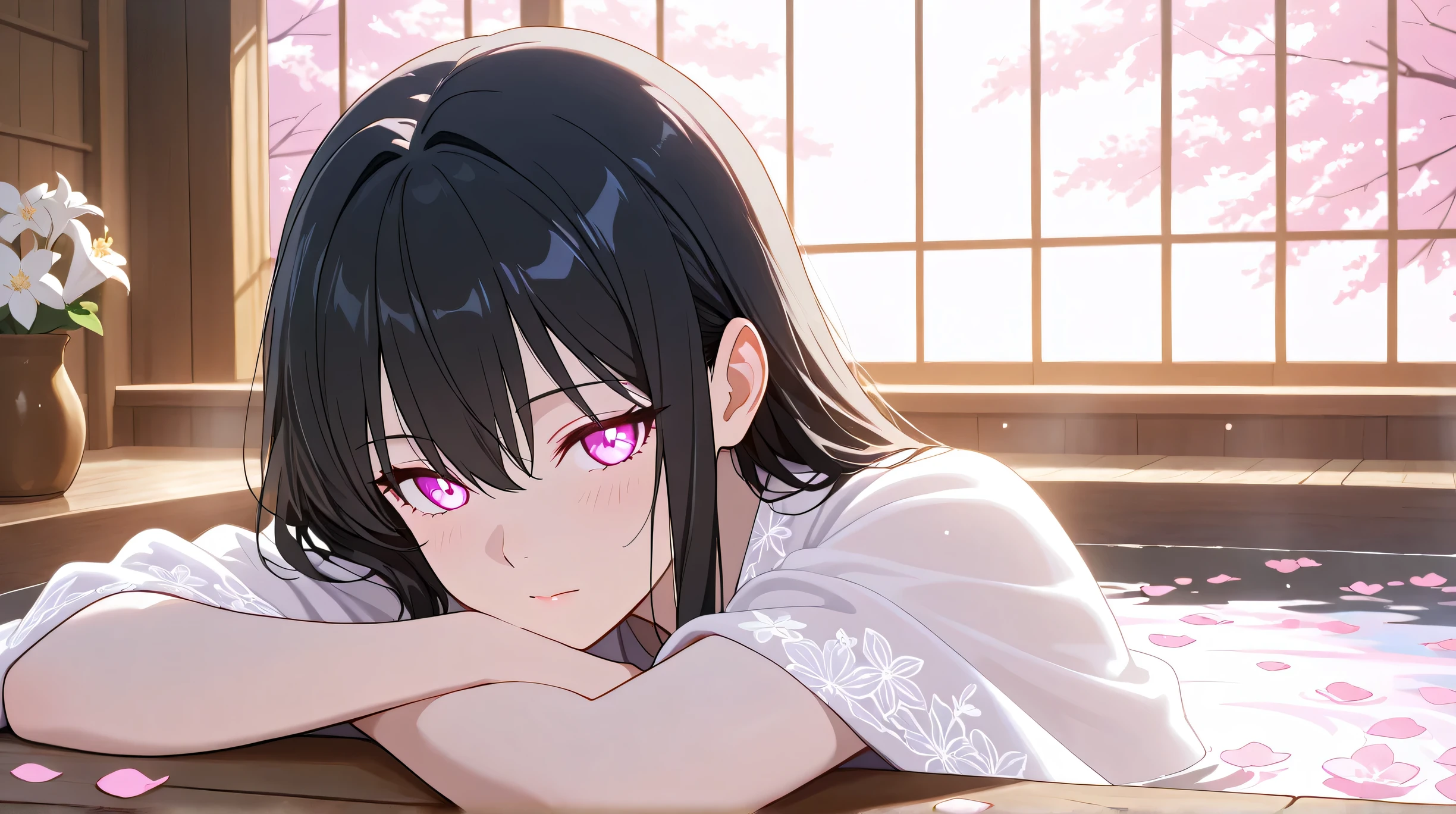 Masterpiece, Best Quality, Top Quality, Very Detailed, 1 girl, A serene young woman with long black hair and glowing pale eyes, soaking in a luxurious floral bath. She wears a delicate white silk robe that flows with the water. Soft pink and white flower petals float around her, creating a peaceful and ethereal atmosphere. Sunlight filters through the wooden spa room, casting a golden glow on the water. The scene has a dreamlike, anime-style aesthetic with high detail and a soft-focus effect. Ultra-realistic lighting, cinematic composition, elegant and calming mood.
