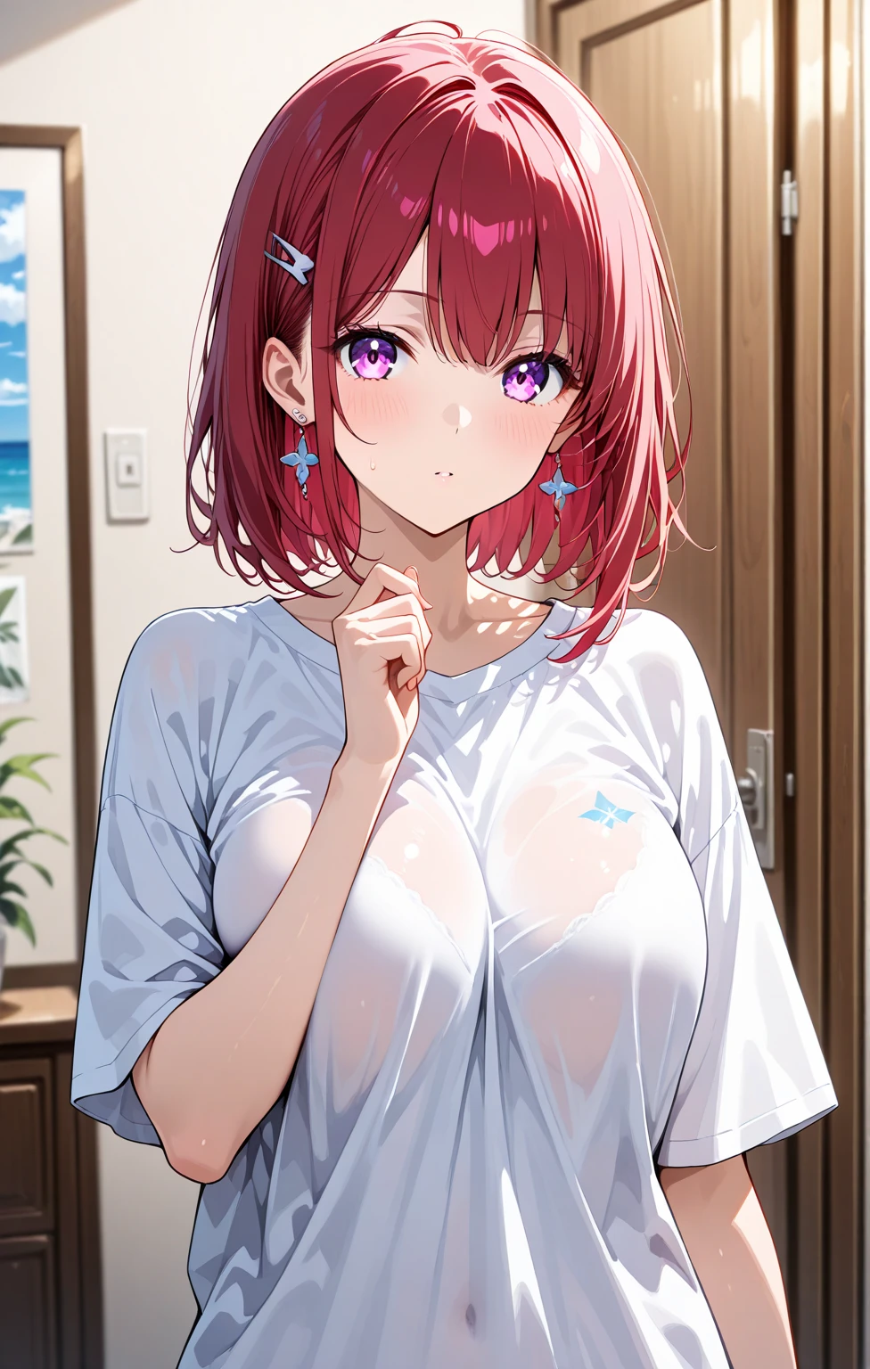 Realistically、Two 45-year-old women、Wearing a T-shirt，Face Enhancement，Chest Super Zoom，Emphasize cleavage，Looking up from below，Blushing，Red lips，Sexy，Bedsit，Please open your mouth wide、Place your arms behind your head、wear underwear