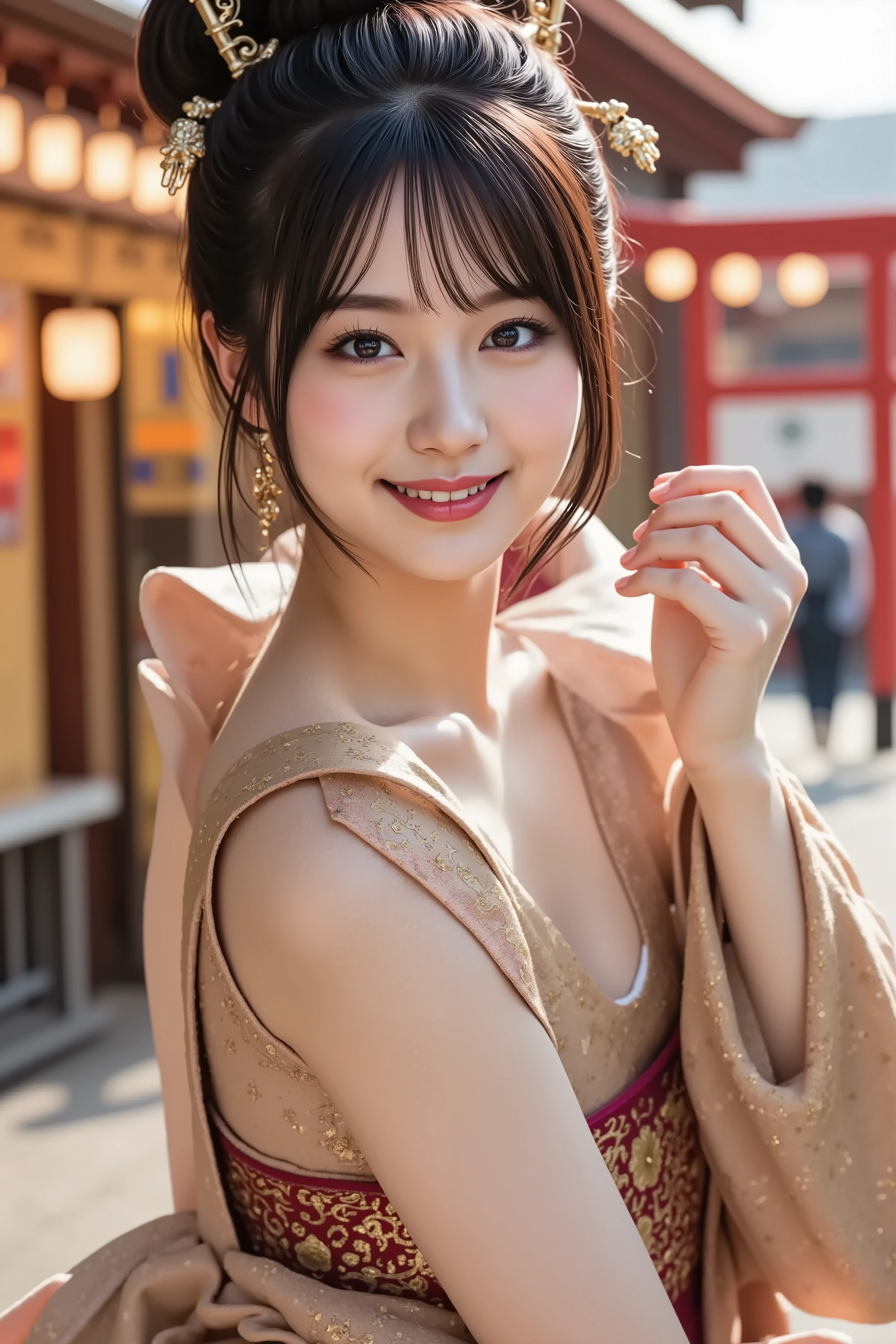 A highly detailed and ultra-realistic digital illustration of a beautiful young Asian woman, explicitly framed from just above her chest upwards, ensuring her entire head is fully visible, including the crown. Her delicate facial features are perfectly centered, with radiant, softly blushed skin and a bright, open smile revealing her teeth, giving a warm and joyful expression. Her naturally pink lips are slightly parted, showcasing a friendly and inviting smile. Her large, expressive eyes sparkle with life, framed by delicate eyelashes and subtle, elegant makeup, enhancing the liveliness of her expression.
Her sleek black hair is styled into an elegant high bun, carefully coiled into a traditional Japanese odango (bun) hairstyle. A pair of decorative hair sticks pierce through the bun, featuring intricate golden engravings and small dangling ornaments. Strands of hair softly escape from the bun, adding a natural touch to her refined appearance.
She wears an exquisite, traditional Japanese furisode kimono, adorned with intricate cherry blossom patterns and elegant golden embroidery, showcasing rich cultural aesthetics. The long, flowing sleeves add depth and grace to her appearance, while a vibrant obi belt with delicate embroidery enhances the authenticity of her attire.
The background features a lively Japanese festival scene, filled with glowing paper lanterns, vibrant red torii gates, and bustling festival stalls selling traditional street food and colorful decorations. Soft bokeh lights from distant festival lanterns create a warm, immersive ambiance, while a subtle golden glow highlights the intricate patterns of her kimono. The festive setting enhances the celebratory atmosphere, immersing the viewer in the rich tradition and beauty of a Japanese matsuri.
The overall image is crystal-clear, hyper-detailed, and rendered in stunning 8K resolution, ensuring breathtaking realism and depth.