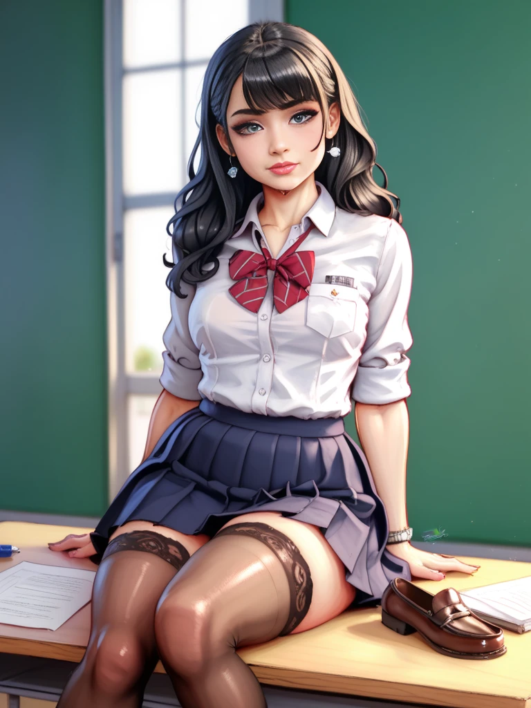 (high-definition images, atmospheric perspective, 8k, super detail, accurate, best quality), ((while standing, place her one leg on the desk and touch her crotch against the corner edge of the desk)), angle from side below, (ecstasy, eyes realistic sizing, realistic skin), (showing off her super detailed drawing panties with all sorts of pattern), (((skirt, braid, silliness of a serious and plain girl, class president, shame, glasses))), various area in the school, holding documents,