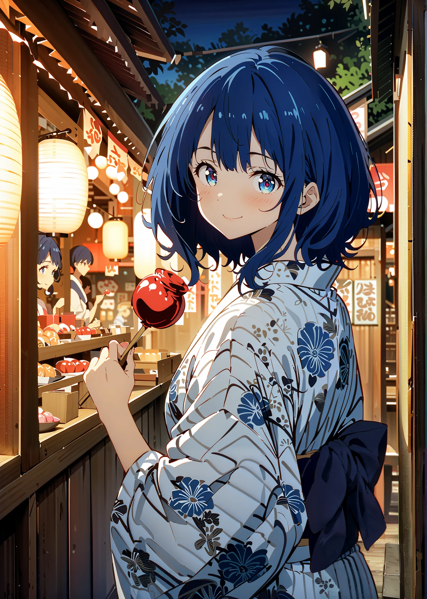 score_9, score_8_up, score_7_up, source_anime, Anayanami ,medium hair,side lock,Single dumpling hair , Nape,blue eyes, stupid hair, blue hair, smile,cover,Blue flower pattern kimono,turns around,Holding a candy apple with a stick in one hand,eating apple candy,Light up fireworks,Japanese stalls ,night,綺麗なnight景,mysterious,is standing,Red Lantern,fair,full bodyがillustrationsに入るように,break outdoors, Japanese festival,
break looking at viewer,full body,
break (masterpiece:1.2), best quality, high resolution, Unity 8k Wallpaper, (illustrations:0.8), (beautiful detailed eyes:1.6), very detailed face, so that it fits into the illustration, extremely detailed CG, (curved body, perfect anatomy from a shellfish),