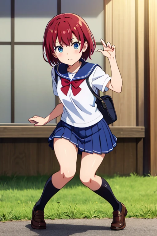 masterpiece, highest quality,
One girl, alone,
Bent over, close, smile, Open your mouth,
Etorofu \(Kantai Collection\), short hair, Redhead, Bobcut, Twin Blade, Thick eyebrows, Purple eyes, Side braid, Twin Blade, , flat_chest,
, serafuku, White Hat, Blue neckerchief, Blue Ribbon, Hair Ribbon,  White gloves, (Panty shot)