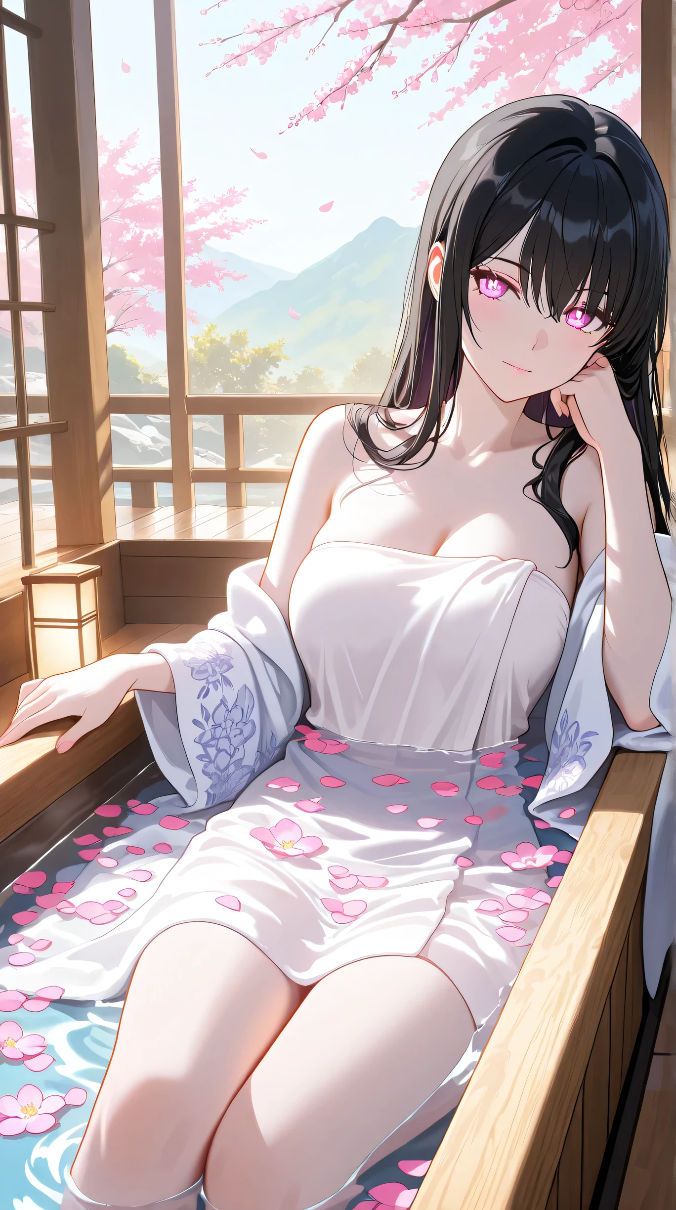 Masterpiece, Best Quality, Top Quality, Very Detailed, 1 girl, A serene young woman with long black hair and glowing pale eyes, soaking in a luxurious floral bath. She wears a delicate white silk robe that flows with the water. Soft pink and white flower petals float around her, creating a peaceful and ethereal atmosphere. Sunlight filters through the wooden spa room, casting a golden glow on the water. The scene has a dreamlike, anime-style aesthetic with high detail and a soft-focus effect. Ultra-realistic lighting, cinematic composition, elegant and calming mood.