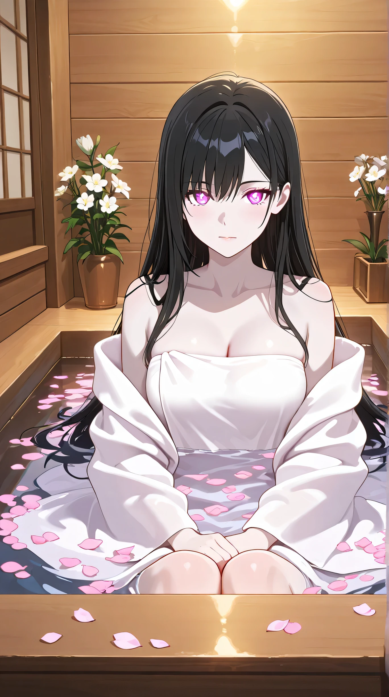Masterpiece, Best Quality, Top Quality, Very Detailed, 1 girl, A serene young woman with long black hair and glowing pale eyes, soaking in a luxurious floral bath. She wears a delicate white silk robe that flows with the water. Soft pink and white flower petals float around her, creating a peaceful and ethereal atmosphere. Sunlight filters through the wooden spa room, casting a golden glow on the water. The scene has a dreamlike, anime-style aesthetic with high detail and a soft-focus effect. Ultra-realistic lighting, cinematic composition, elegant and calming mood.