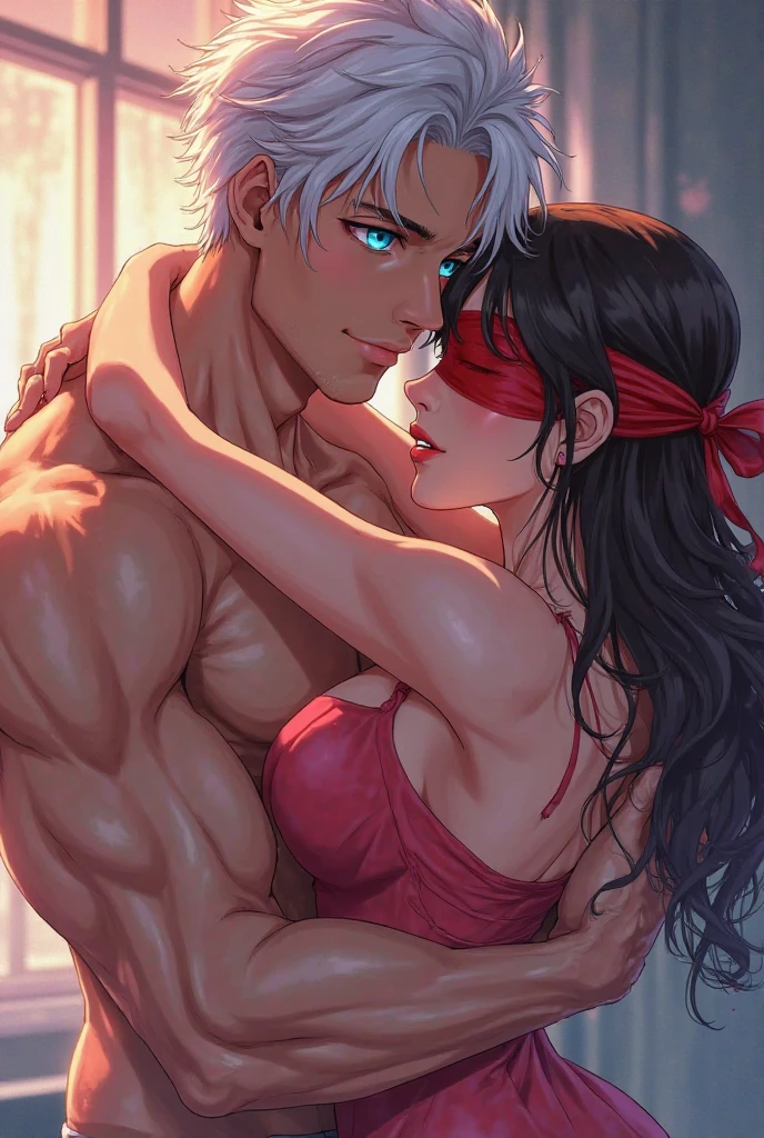 1man and 1woman,Broken heart,love break,strong emotions,excitement,romance,complicity, man shirtless, woman sport bra, kissing