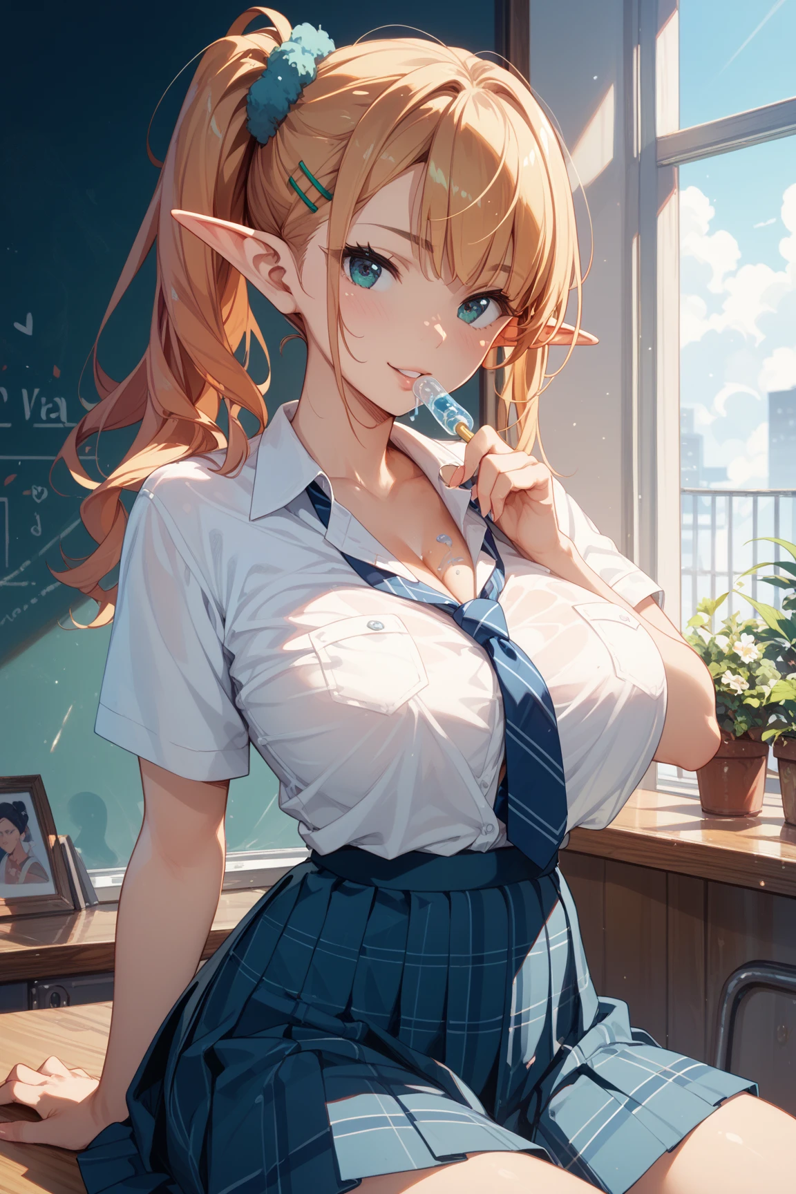 Anime style, Painting, absurderes、perfect anatomia、Olivier Mira Armstrong、bra very、Bra visible from clothes、Braline、breastsout、Classroom、cleavage of the breast、clavicle、desk、From above、small breasts, length hair, on desk, pleatedskirt, School Desk, student clothes, see -through, The shirt, sitting on, Sitting on a desk, skirt by the, solo, thighs thighs thighs thighs, red blush, ssmile, elf, showing panties under the dress, small