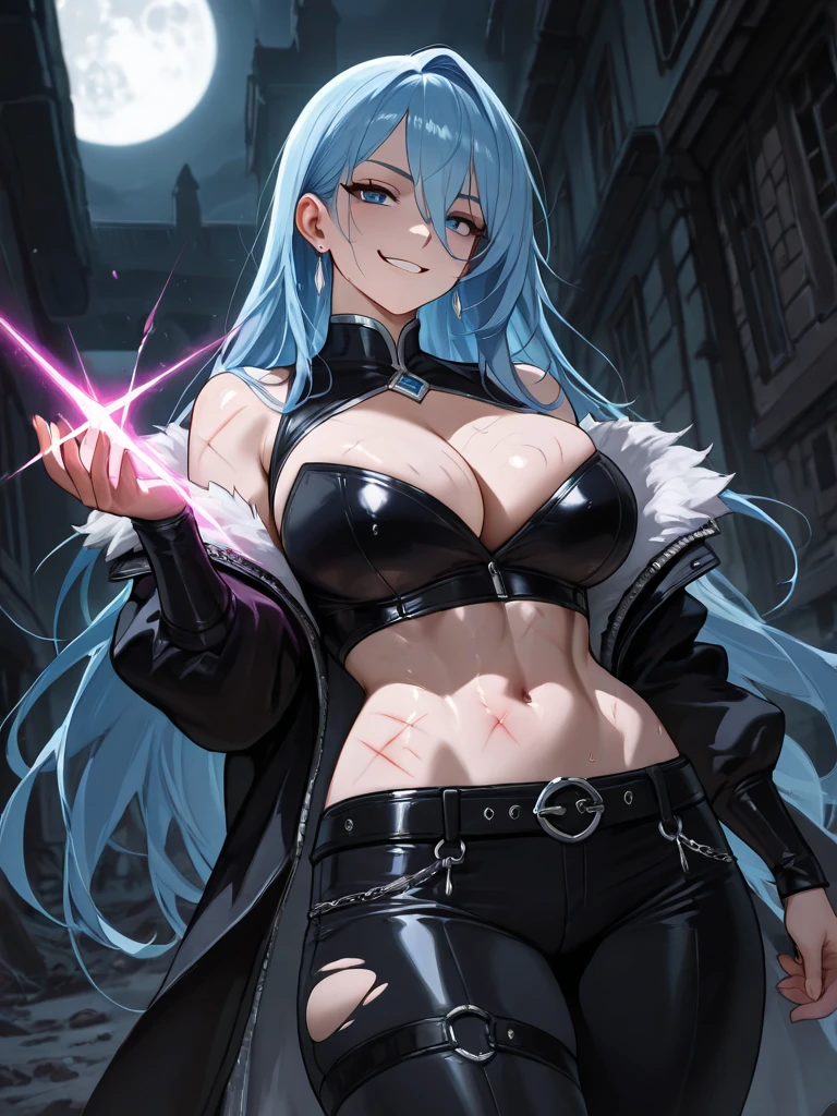 Wolfie, girl1, solo, cowboy shot, full body view, blue hair, smiling, black leather pants, spirals, yellow eyes, ears, earrings, spike caller, serious look, lightning hands, glowing veins, electric power, glowing hands, electric hands