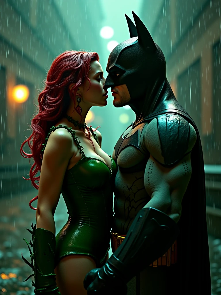 Damon Salvatore, a hot muscular gothic guy in a Batman suit without the mask, stands with Jessi, the red-haired Catwoman, in the Batcave. The dim lighting casts shadows across their bodies. Jessi presses against him, her hands exploring his muscular frame. Damon lifts her onto a nearby table, their lips locking in a fiery kiss. The Batcave’s cold, sterile environment contrasts with their heated passion, making their intimate moment even more electrifying.