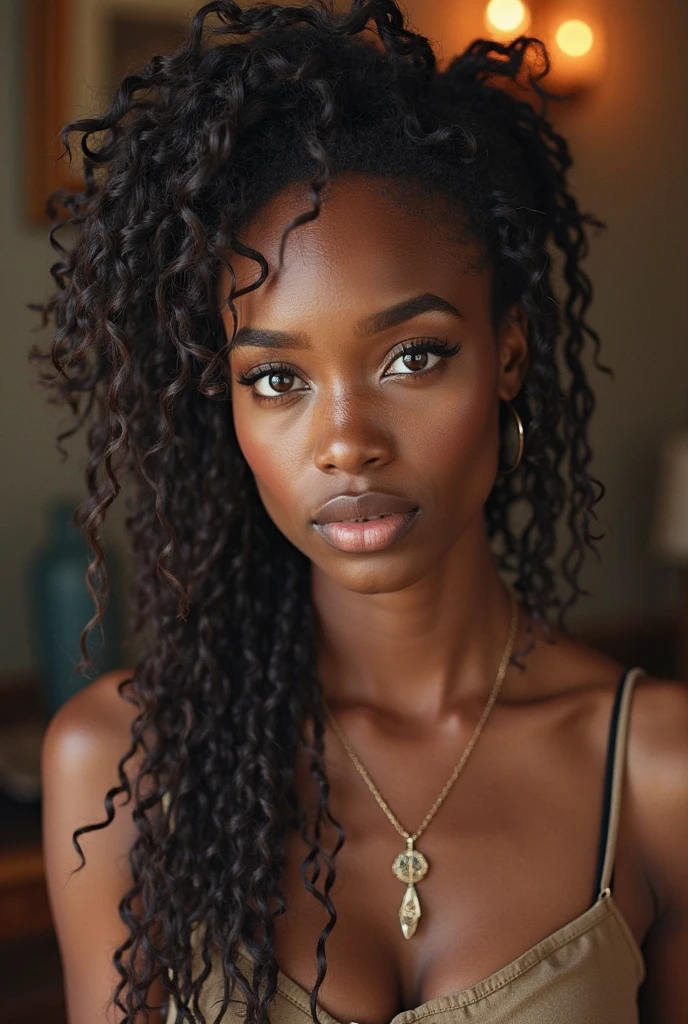 Repeat image Woman with a very real physique, young age 1 with curly braided hair, large and wide forehead with a nude blouse, light brown skin, full body image