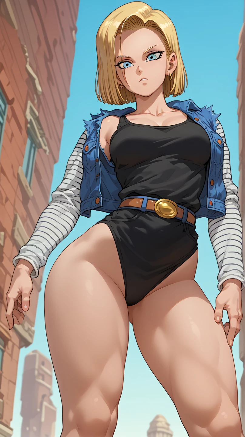 unparalleled masterpiece, ultra realistic 8k CG, perfect artwork, (1girl:1.1) , solo, ((perfect female figure)), (nsfw), looking at viewer, mature female, bimbo (android 18) standing, (teasing), best quality:1.1 , seductive posture, sexy pose, alluring, (beautiful), (curvy), (thick), blonde hair, (blue eyes:1.2), short hair, earrings, jewelry, denim vest, open vest, black pantyhose, black shirt, denim skirt, striped long sleeves, blue skirt, toned legs, fit, (abs:1.1), (big butt:1.4), peach ass, (athletic body:1.2), (large breasts:1.3, (big_breasts:1.1), wide_hips:1.5, narrow waist, small waist:1.5, slender body:1.2, thick thighs:1.3), (shiny skin:1.2), (hdr), (street:1.2), Nikon D850 film stock photograph Kodak Portra 400 camera f1.6 lens, rich colors, lifelike texture, dramatic lighting, unreal engine, trending on ArtStation, by Gerald Brom, by Frank Frazetta, by Luis Royo, by Julie Bell, by Boris Vallejo