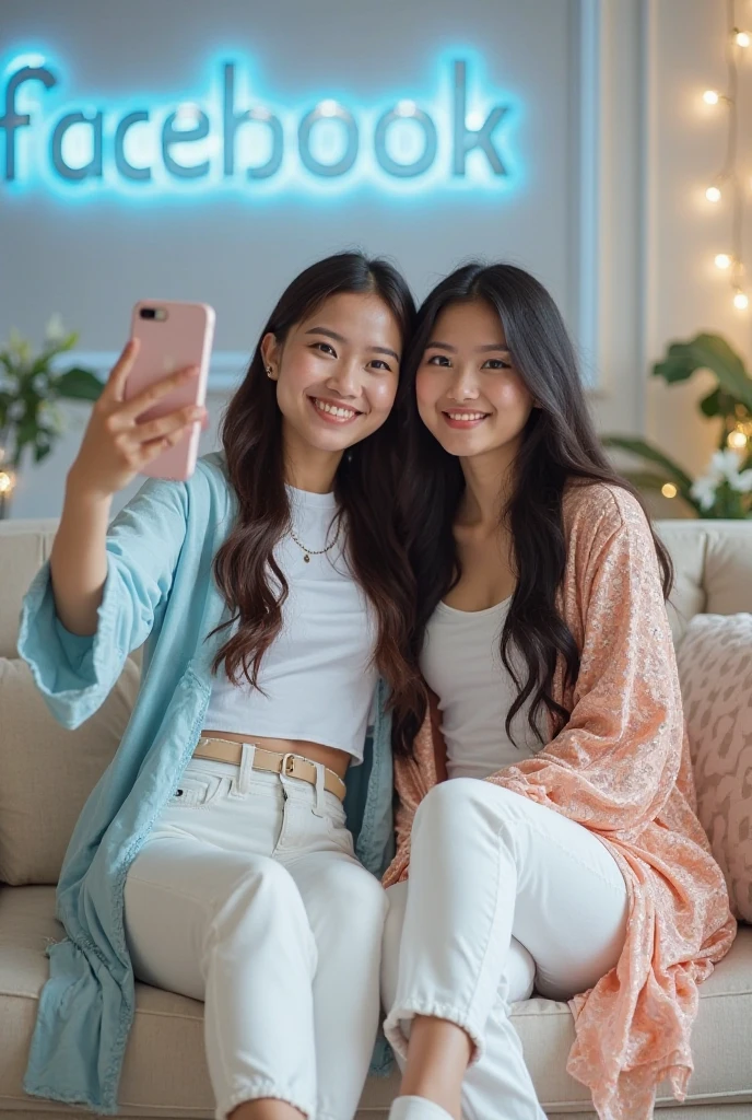 A girl with pretty, wavy brown hair. , smiling ,He is taking a selfie in his room with a bed with stuffed animals and a pink and white blanket in the background , the light-skinned girl with brown eyes , pink dress , he is 14 years old , make it look very real , It is very tender but big , a little Asian ,she must be close to the photo ,covers his mouth with his hand