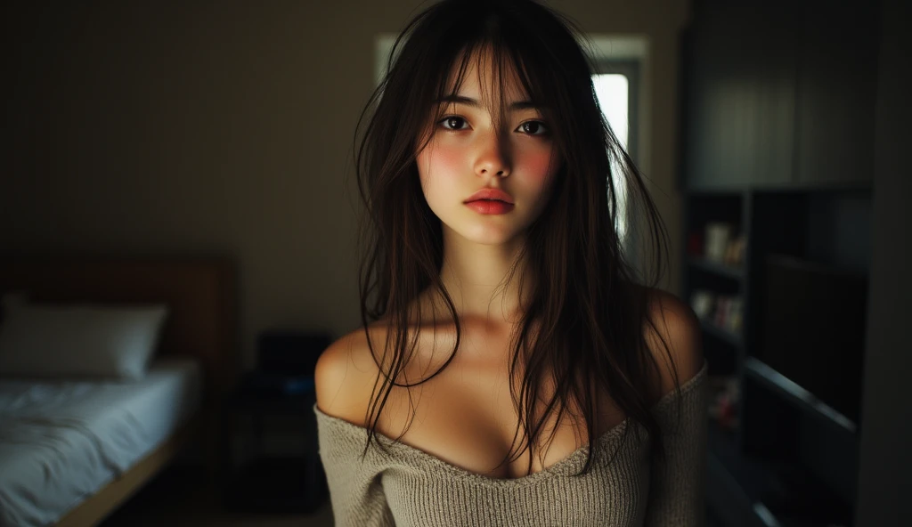 highest quality, masterpiece, Realistic, 8k, 1 sexy woman, (Look forward), Upper Body, (View your viewers), mature, 30 years old, Yellow o-neck light knit shirt, Cleavage, Straight hair, Symmetrical hairstyle, Lewd Eyes, Last, Mean Woman, Attractive lookn , korean look