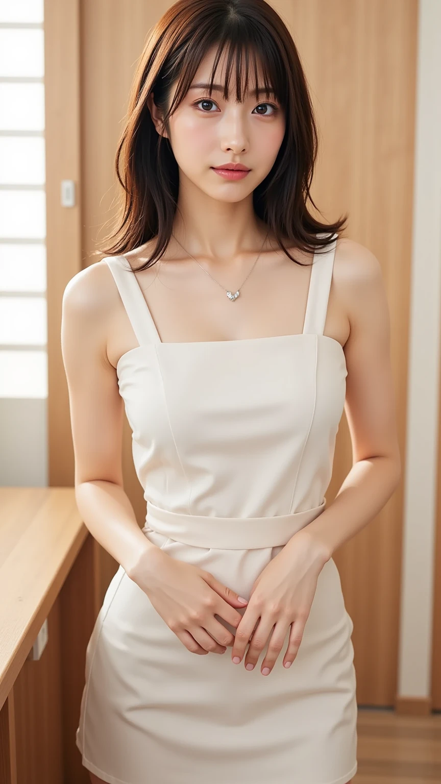 masterpiece, highest quality, High resolution,alone,Two-tone hair, Small earrings,Artistic,Best lighting,casual,Flat Chest,Beautiful Face,expensive,smile,light makeup,natural,24-years-old,Calm woman,Hair blowing in the wind,Blurred Background,Face Focus,Detailed Hair,A woman laughing,Woman in apron,Cafe,Woman with her hair tied up,Forehead,short hair