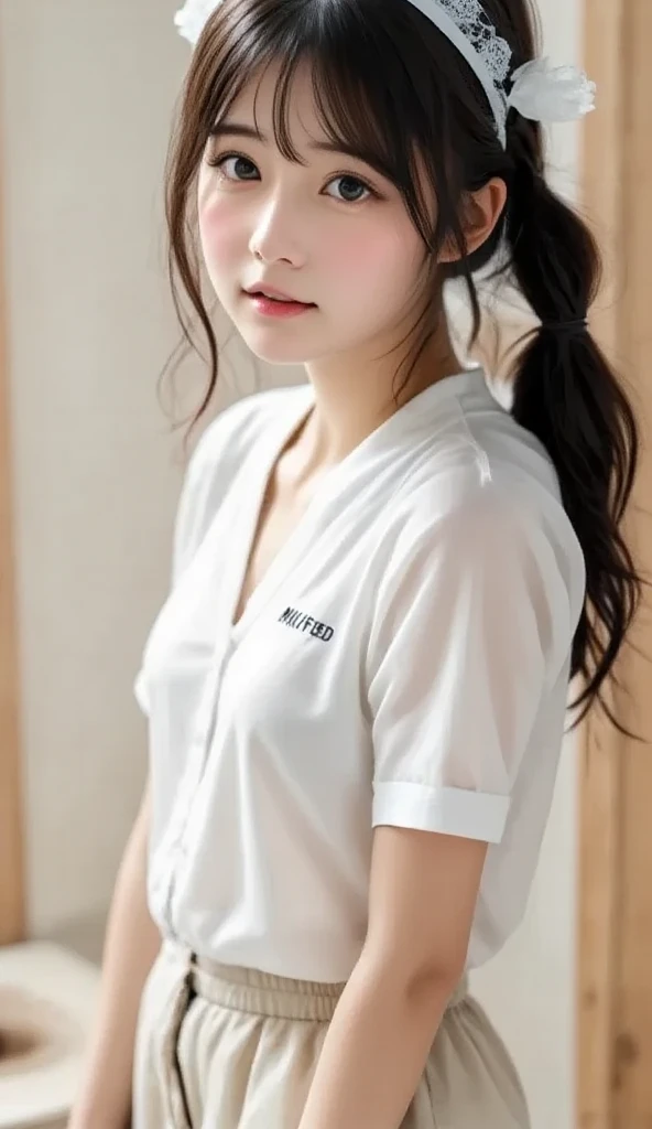 {{top quality, masterpiece}}, (Realistic: 1.3), BREAK {{{FF7,Tifa_lockhart, solo}}},(wearing a baseball shirt:1.3,loose oversized baseball shirt:1.3) ,  (her bedroom, indoor),(gravure pose:1.1),Ultra-detailed face, Detailed eyes, Red eyes, BREAK (((FF7,Tifa_lockhart))),(black brown hair, Large breasts: 1.0), BREAK (no bra),(no panties),About 18 years old,kawaii,shy:1.1,erotic smiling, evil grin, aroused, {{{erotic eyes, erotic mouth, erotic face}}},  aroused:1.2, {I want to have sex with you}, in heat