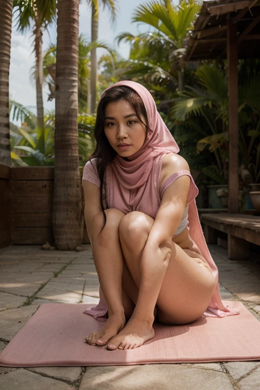 best quality, soft light, ultra high res, photorealistic, naked beautiful Indonesian woman in floral pattern light pink hijab, soft smile, smiling, full body, tiny and skinny body, short body, lying down in the woods, solo, cute, beautiful face, high resolution detail of human skin texture, pubic hair